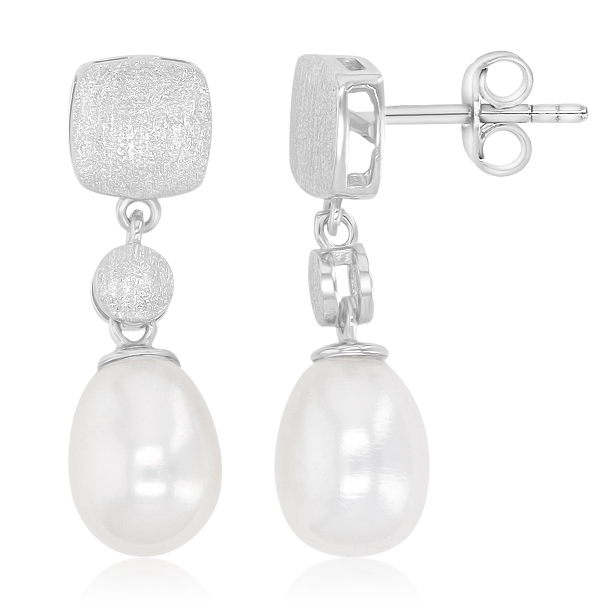 Sterling Silver Rhodium Freshwater Pearl 7x24mm Dangling Brushed Square & Circle Earring