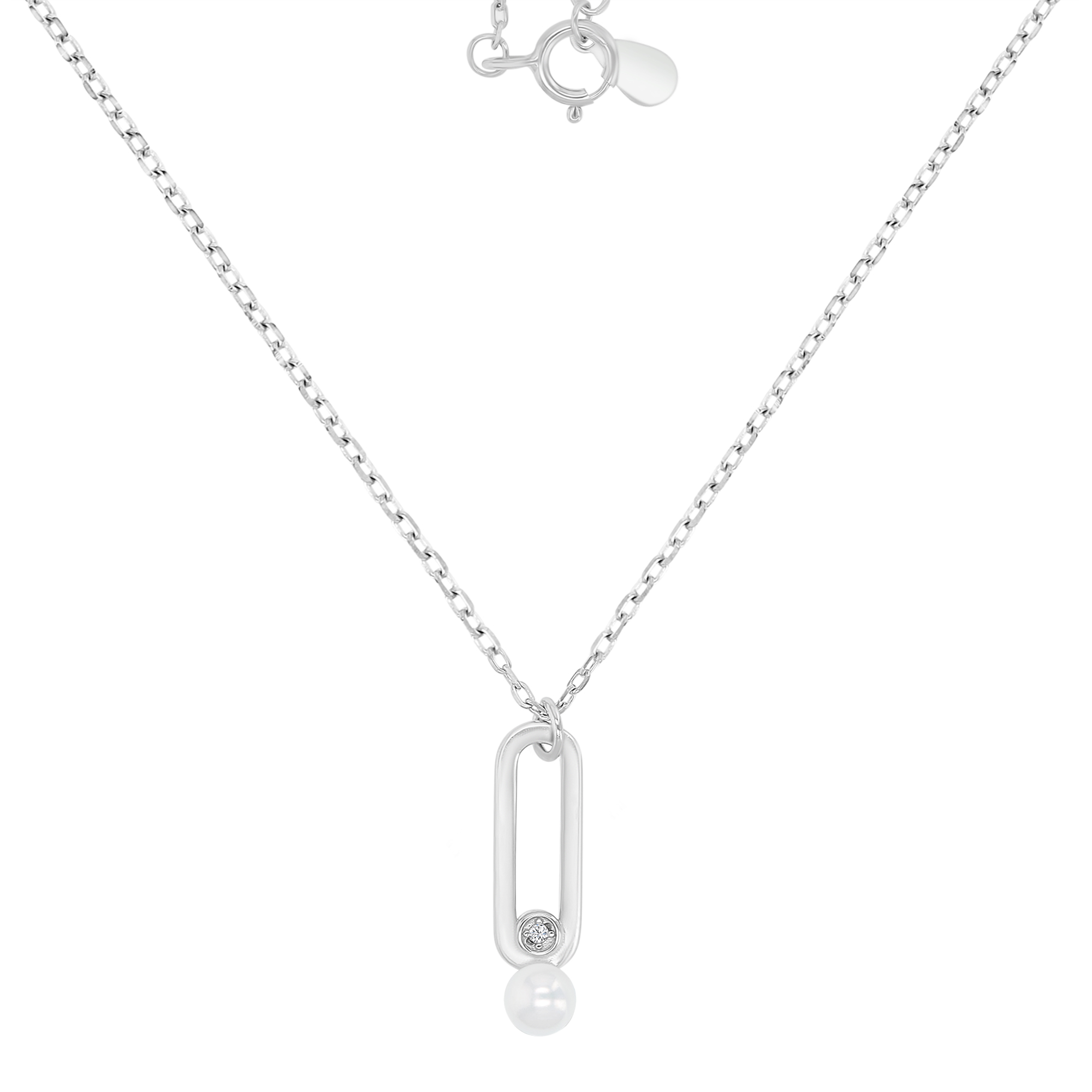 Sterling Silver Rhodium Freshwater Pearl & White CZ 5x18mm Dangling Hollow Rectangle 16+2" Necklace