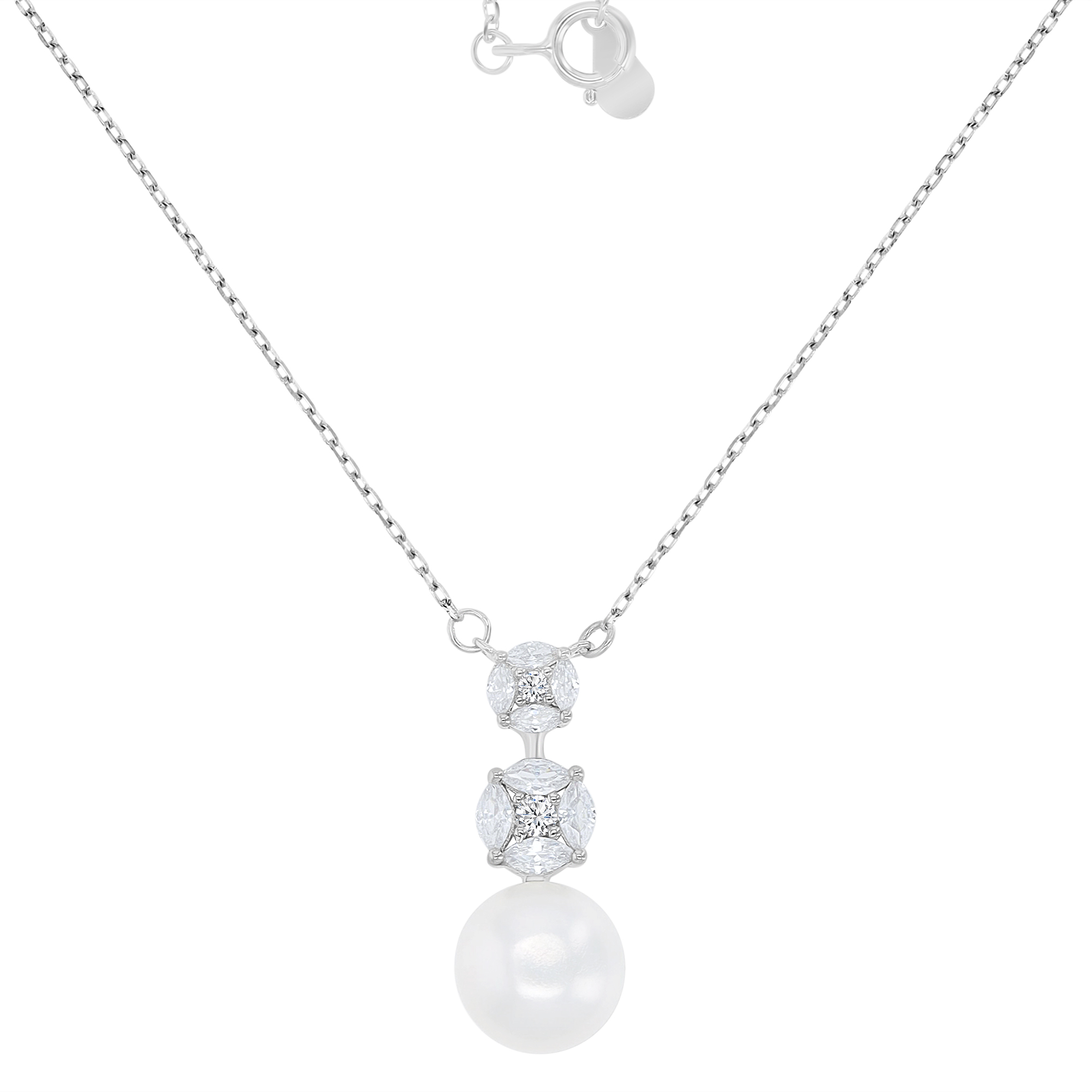 Sterling Silver Rhodium Freshwater Pearl & White CZ 9x23mm Dangling Tri-Circles 16+2" Necklace