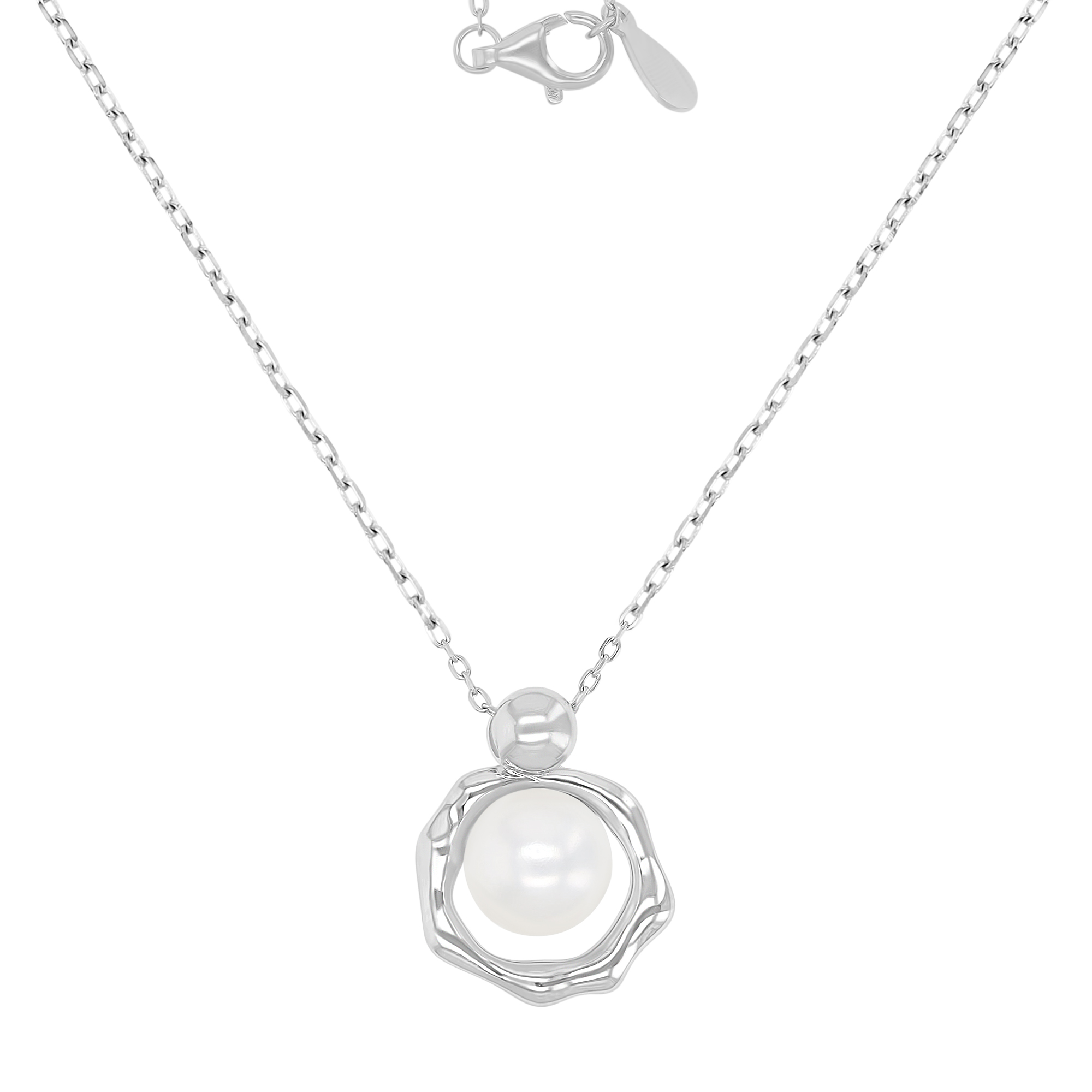 Sterling Silver Rhodium Freshwater Pearl 15x19mm Dangling Abstract Hollow Circle 16+2" Necklace