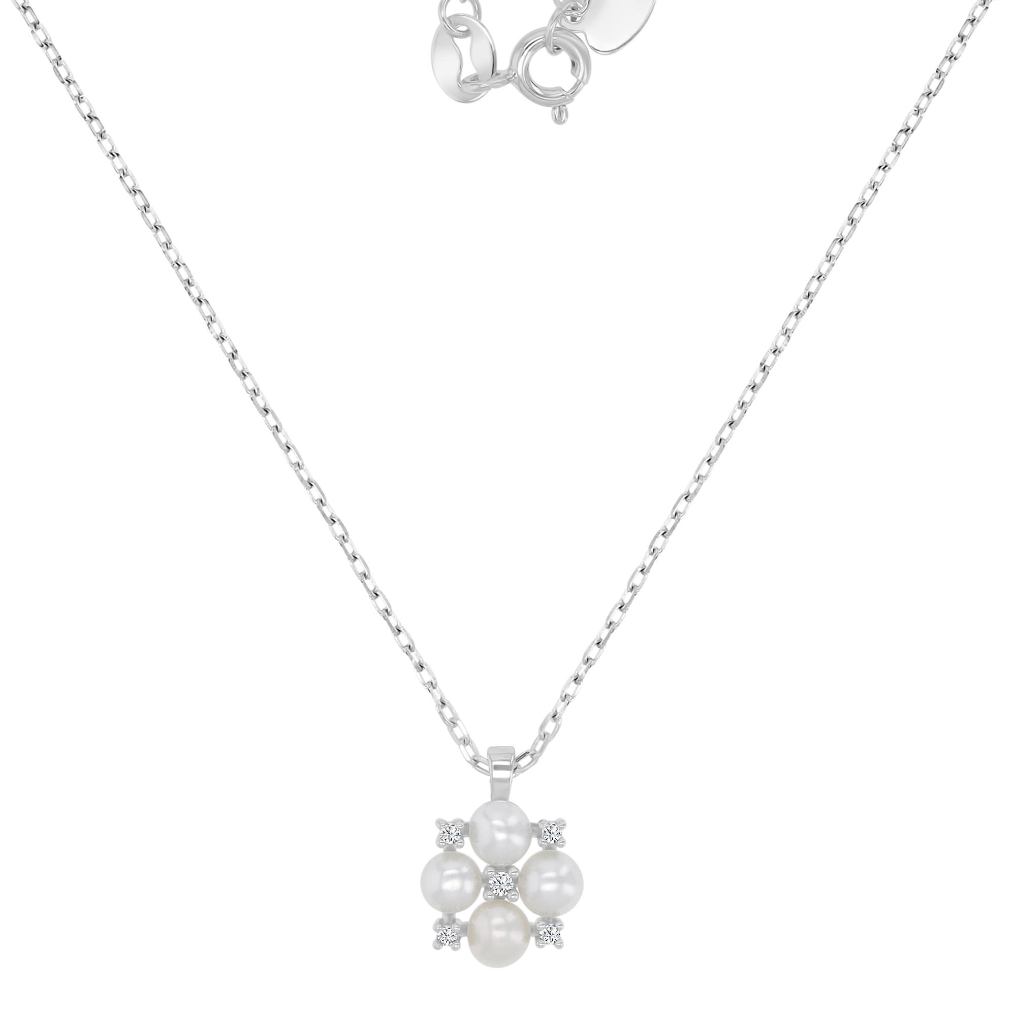 Sterling Silver Rhodium Freshwater Pearl & White CZ 10x14mm Dangling Flower 16+2" Necklace