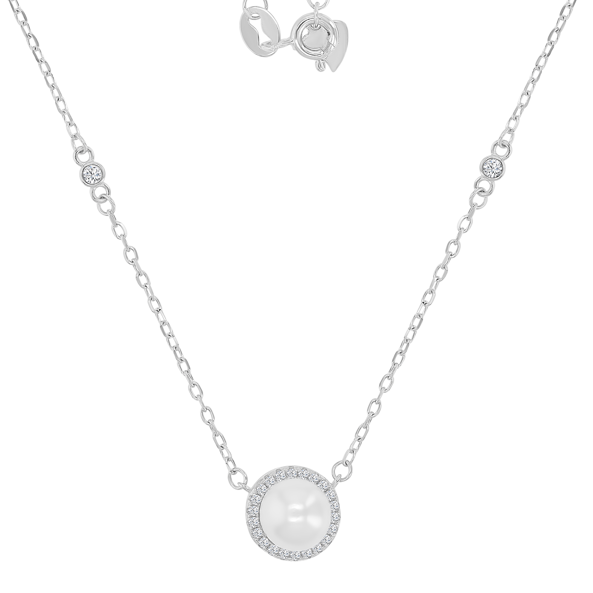 Sterling Silver Rhodium Freshwater Pearl & White CZ 10x10mm Round Shaped 16+2" Station Necklace
