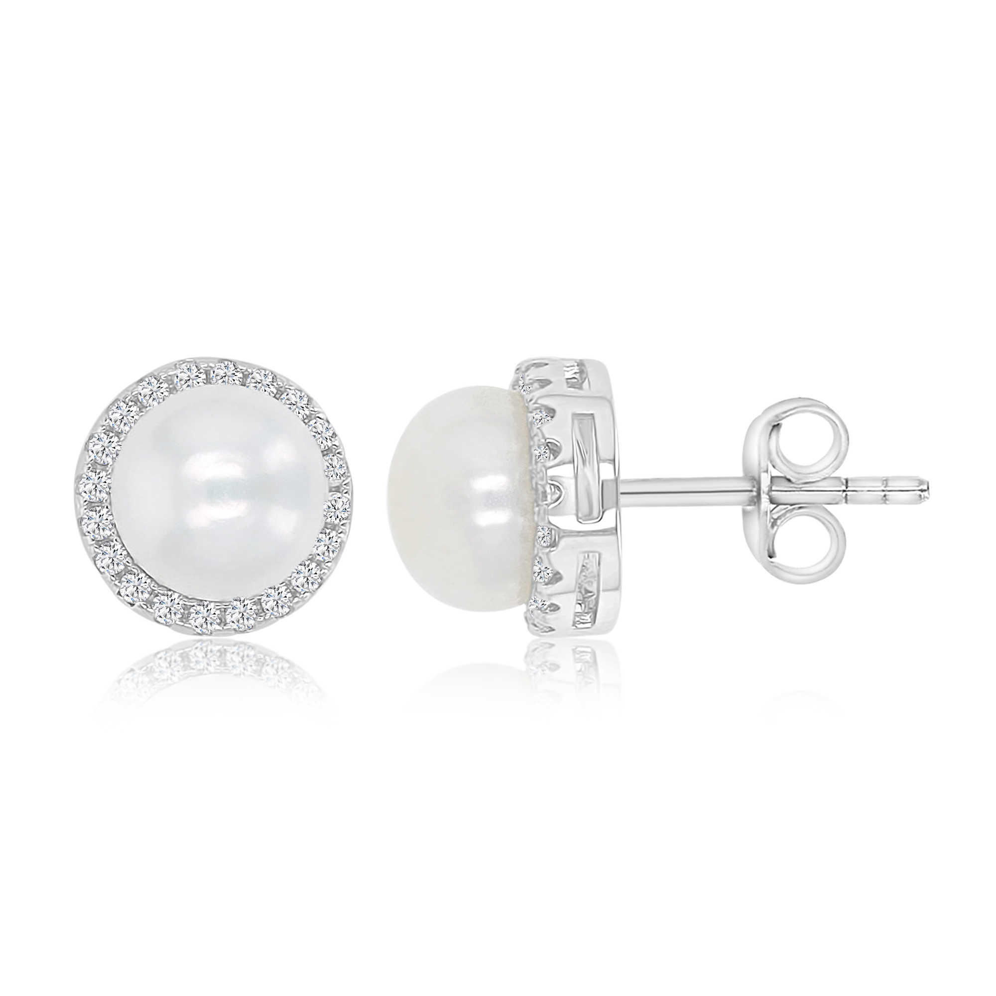 Sterling Silver Rhodium Freshwater Pearl & White CZ 9mm Round Stud Earrings