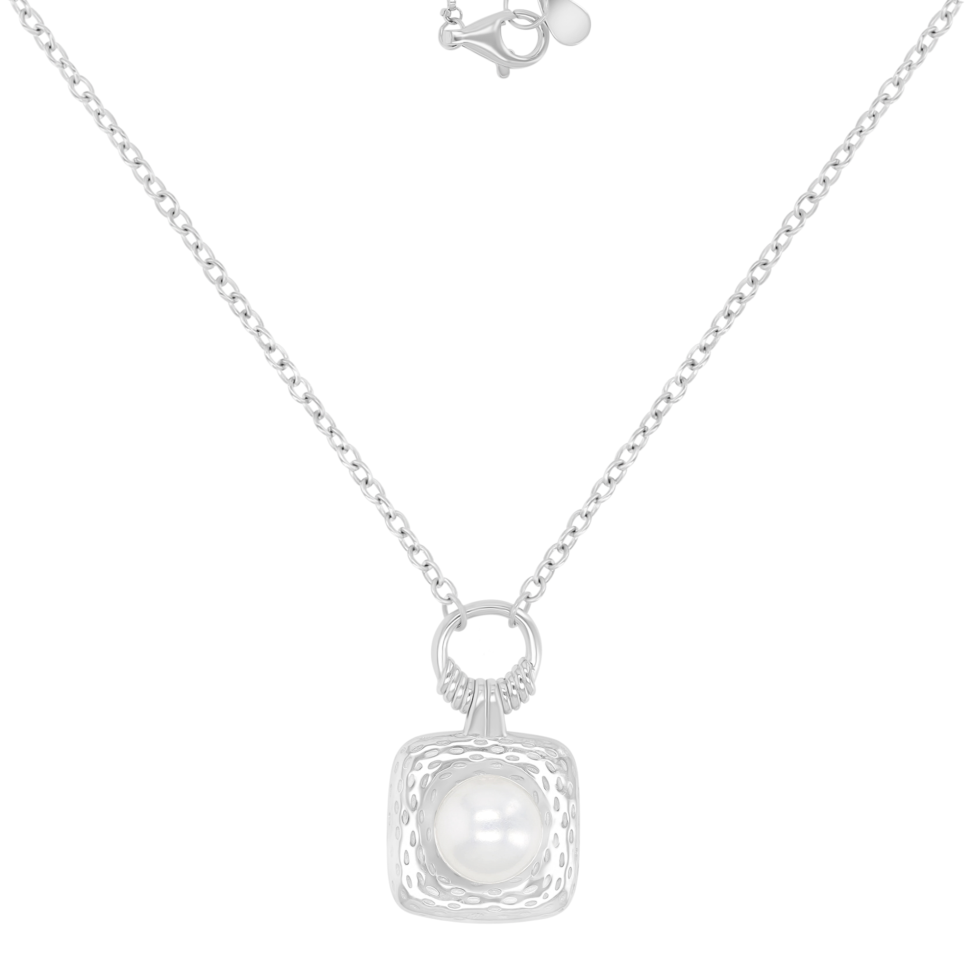 Sterling Silver Rhodium Freshwater Pearl 15x25mm Dangling Round & Square 16+2" Necklace