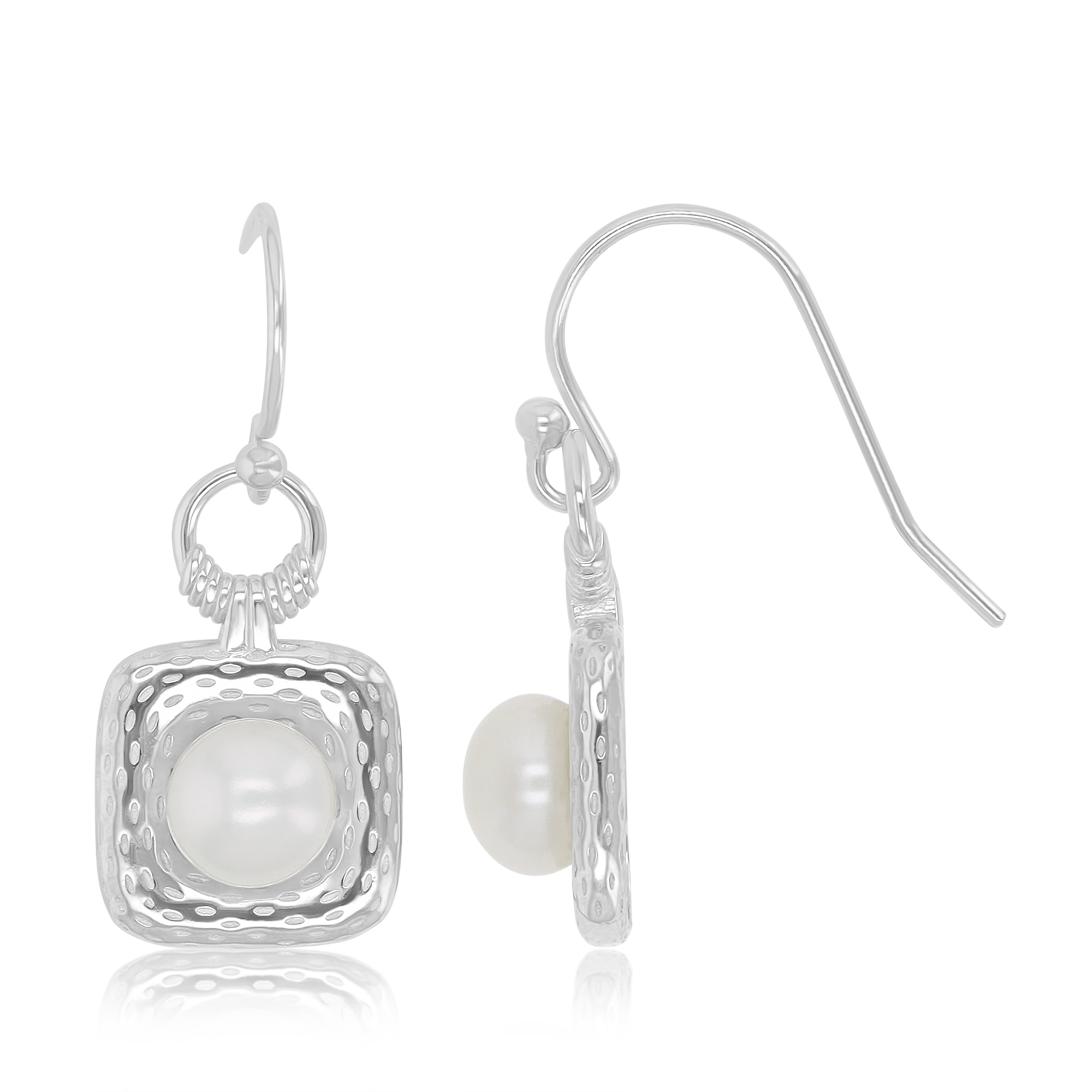 Sterling Silver Rhodium Freshwater Pearl 13x20mm Dangling Round & Square Earrings