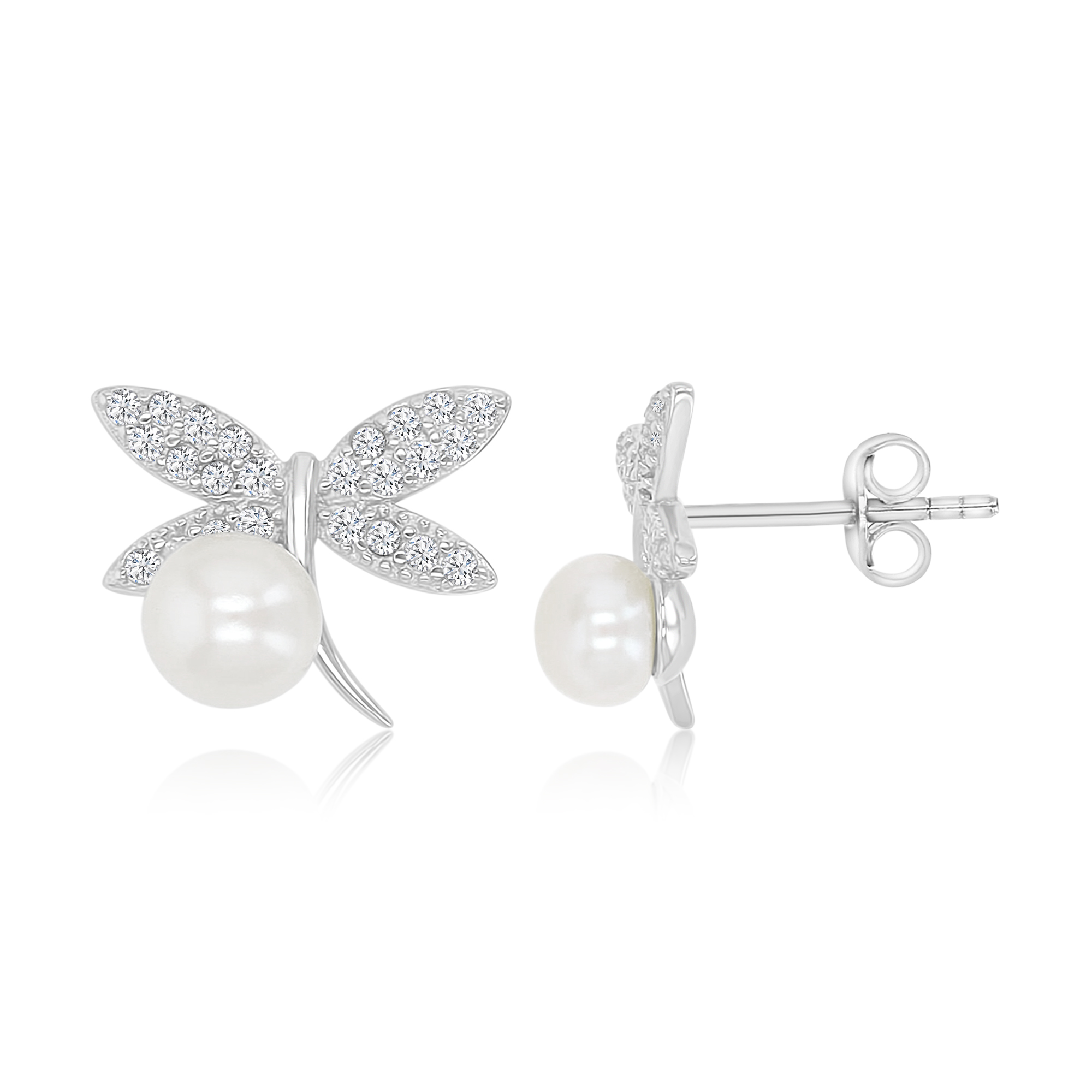 Sterling Silver Rhodium Freshwater Pearl & White CZ 11x13mm Dragonfly Stud Earrings