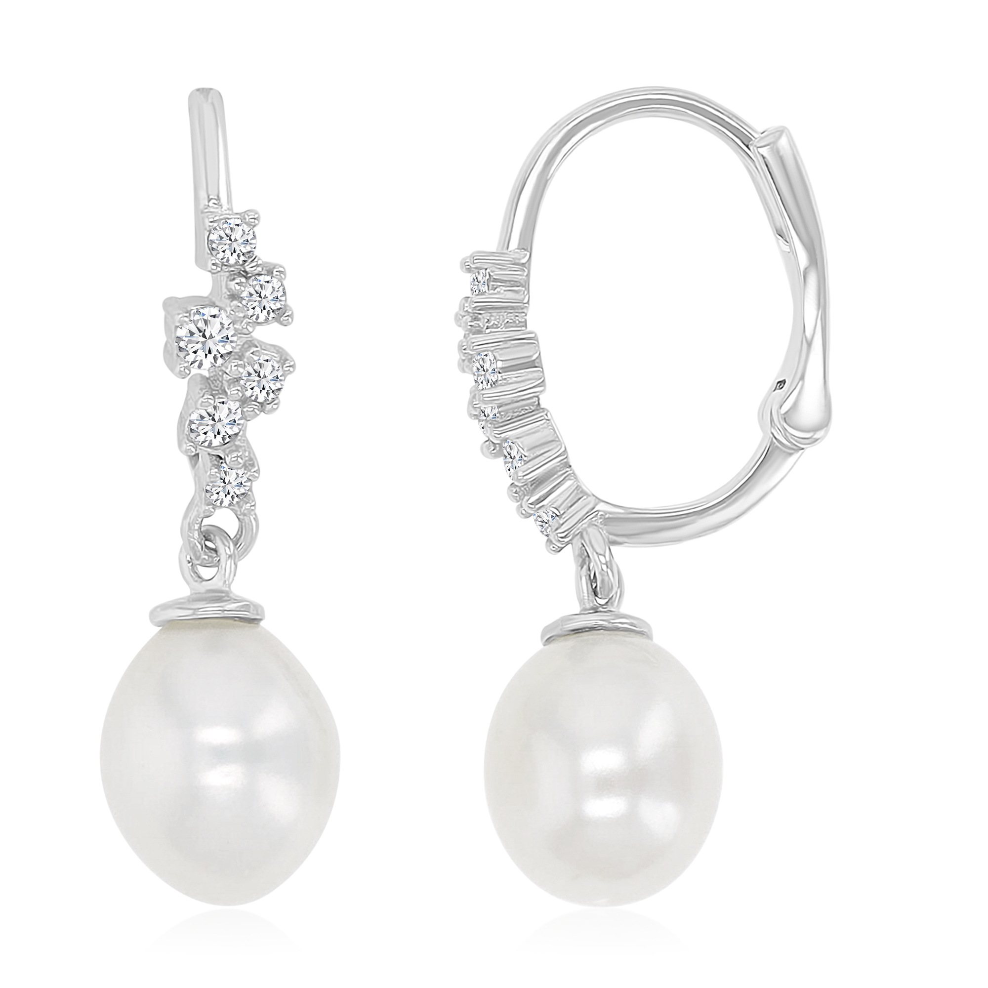Sterling Silver Rhodium Freshwater Pearl & White CZ 8x27mm Dangling Earrings