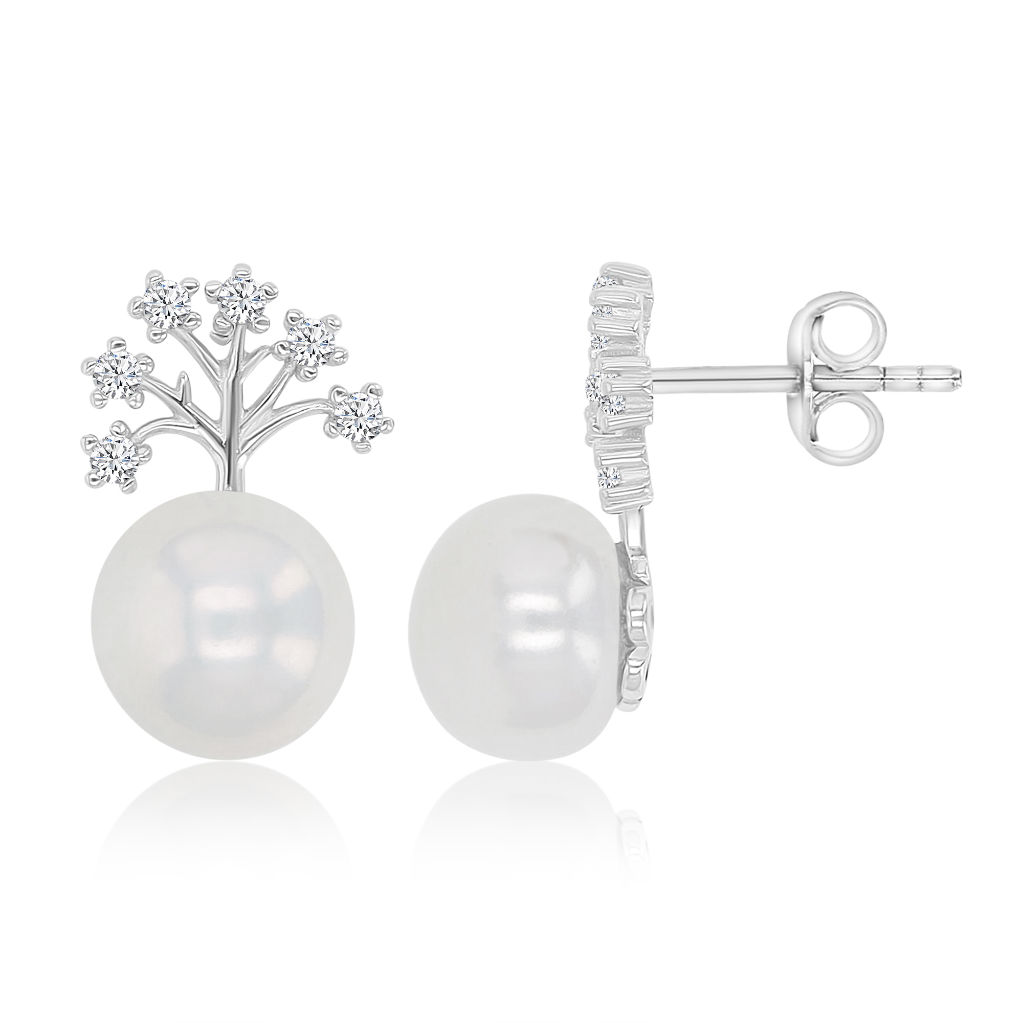 Sterling Silver Rhodium Freshwater Pearl & White CZ 11x17mm Tree Stud Earrings
