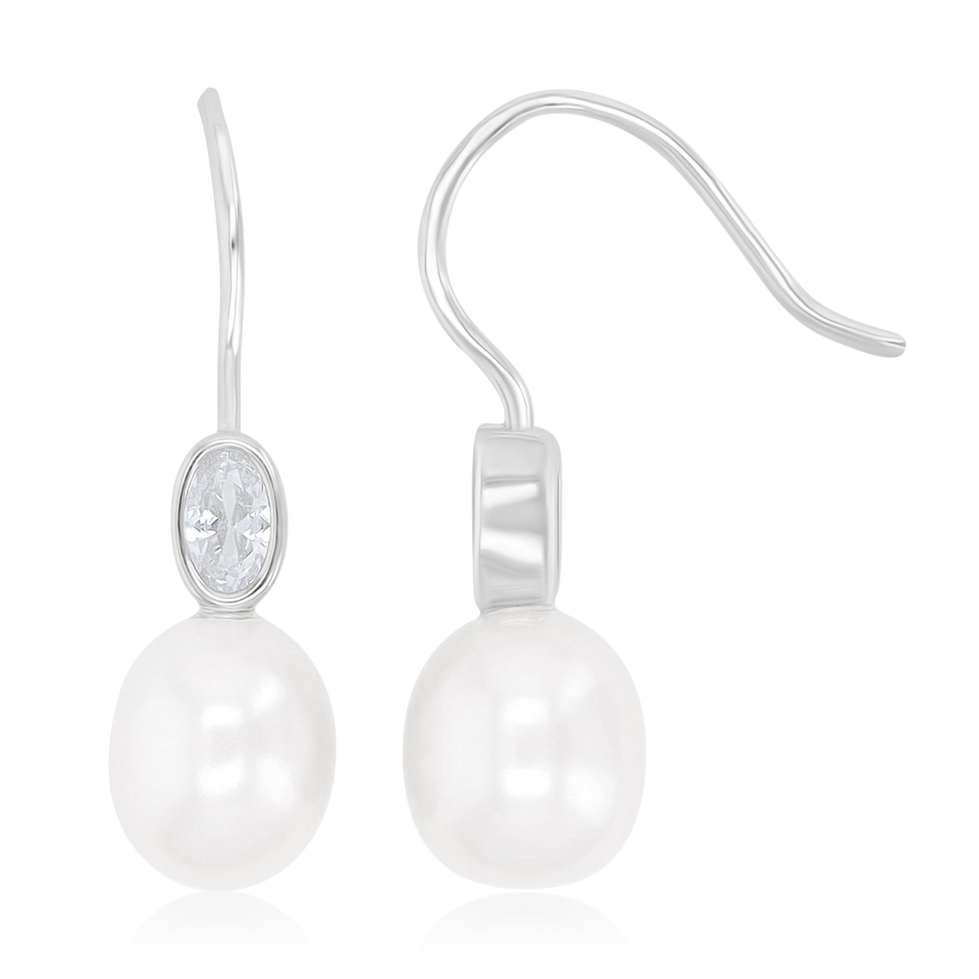 Sterling Silver Rhodium Potato Shaped Freshwater Pearl & Oval White CZ 8x15mm Fish Hook Earrings