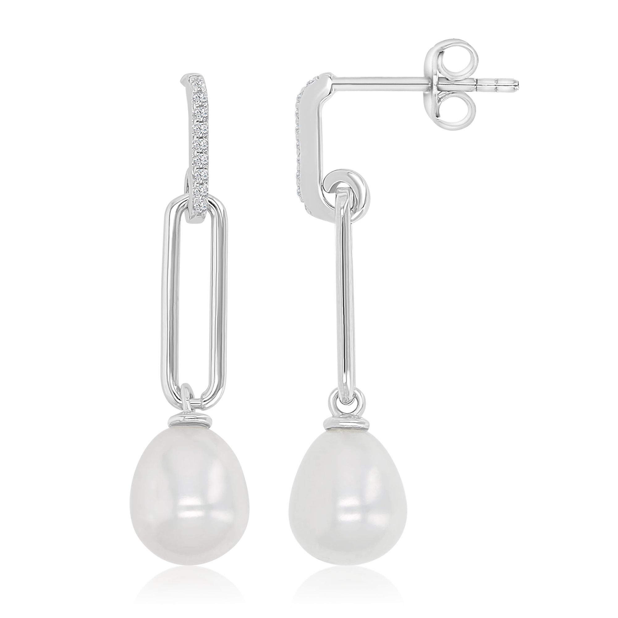Sterling Silver Rhodium 8x33mm Freshwater Pearl & White CZ & Polished Rectangle Dangling Earrings