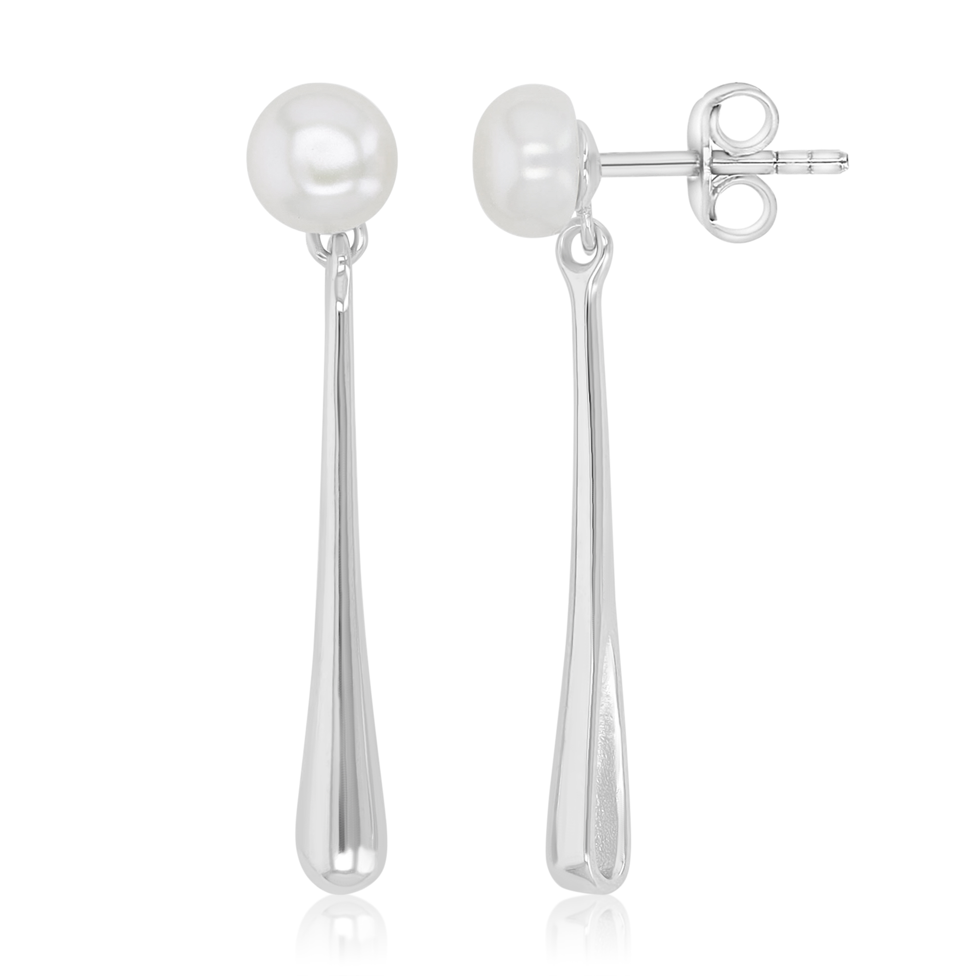 Sterling Silver Rhodium Freshwater Pearl 7x35mm Dangling Slender Teardrop Earrings