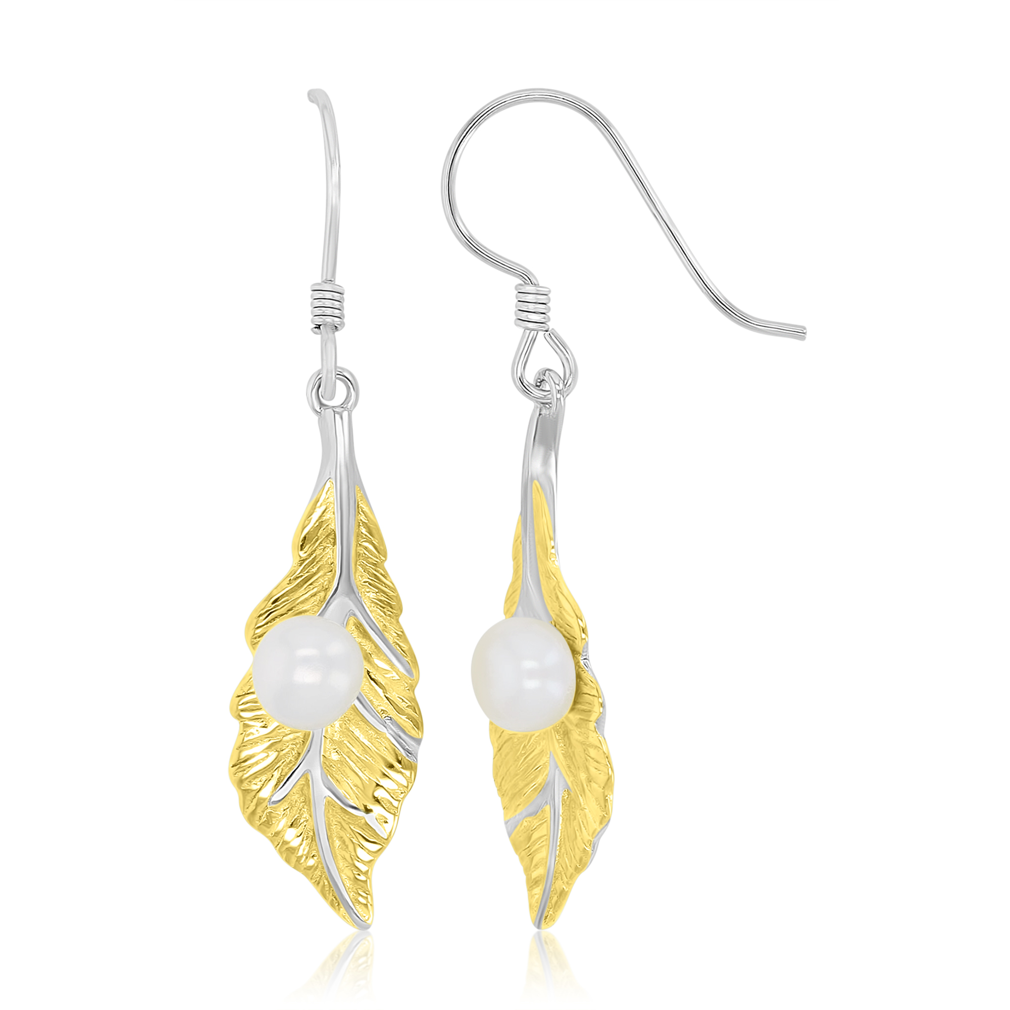 Sterling Silver Yellow & White Freshwater Pearl 9x25mm Dangling Leaf Earrings
