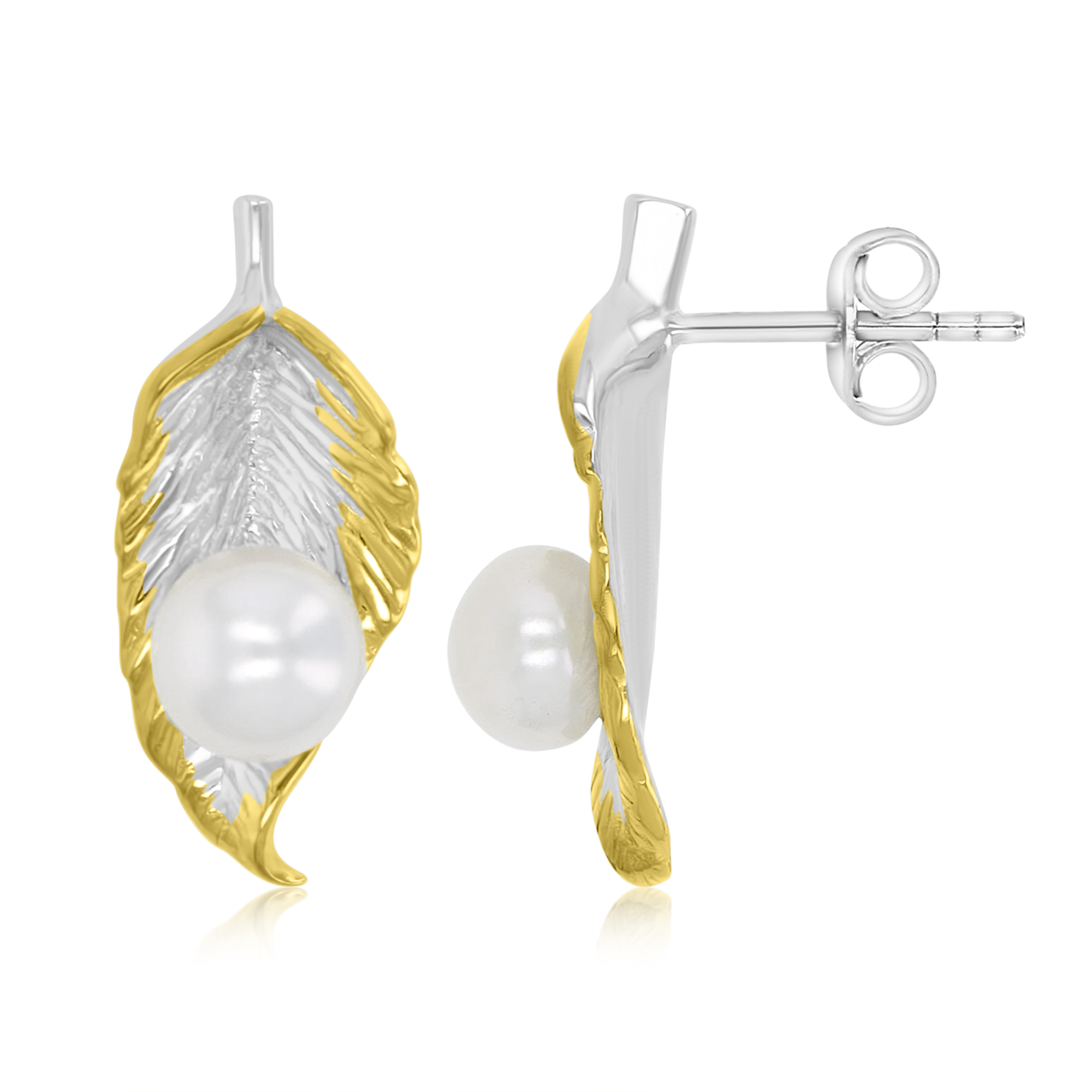 Sterling Silver Yellow & White Freshwater Pearl 10x22mm Leaf Stud Earrings