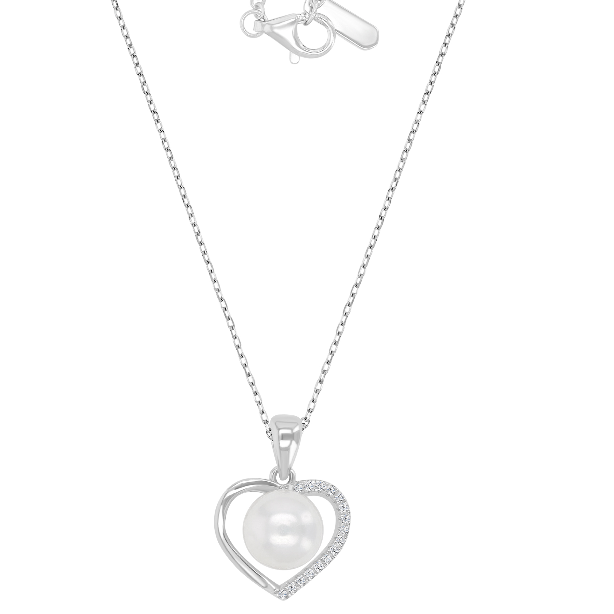 Sterling Silver Rhodium Freshwater Pearl & White CZ 13x18mm Heart Pendant