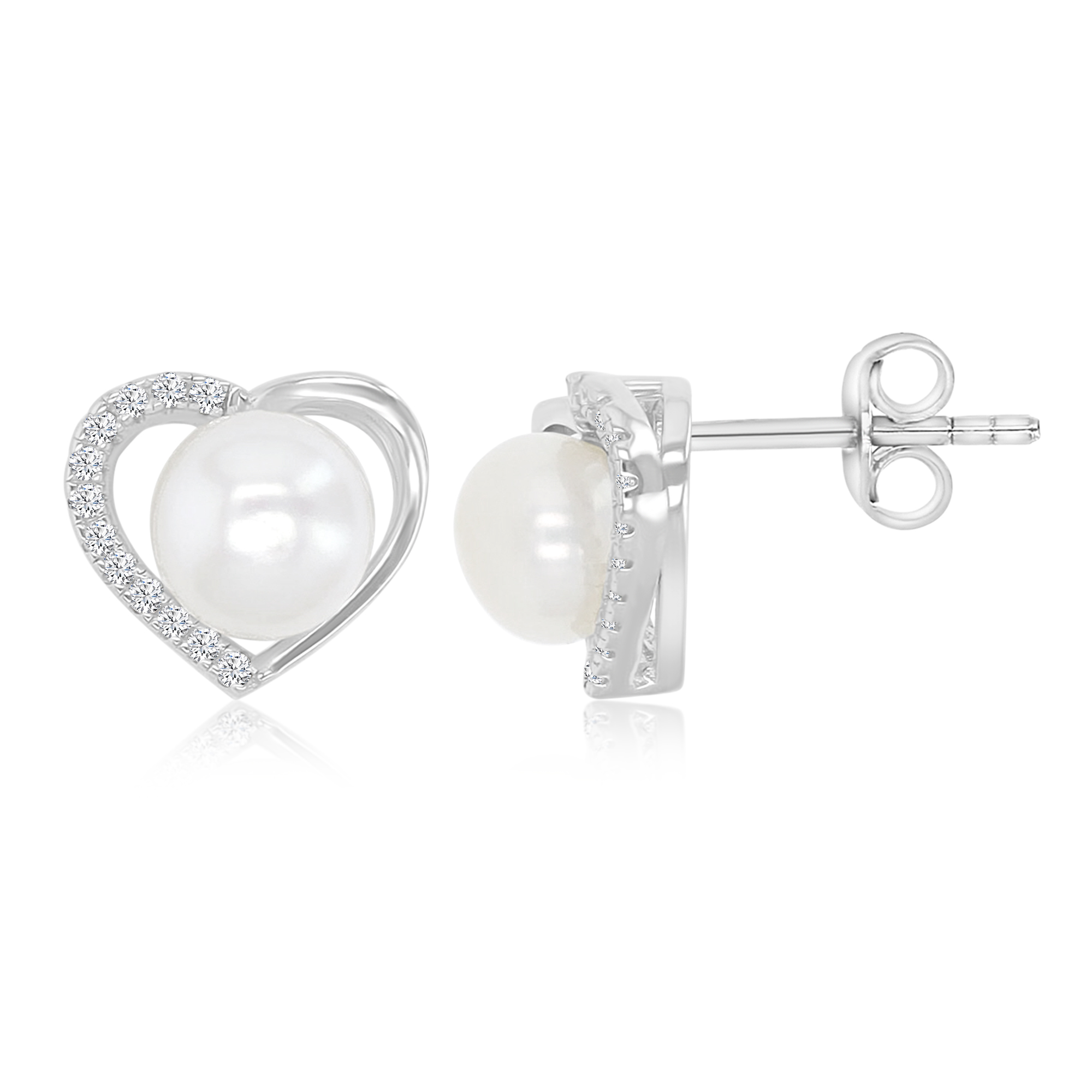 Sterling Silver Rhodium Freshwater Pearl & White CZ 10x11mm Heart Stud Earrings