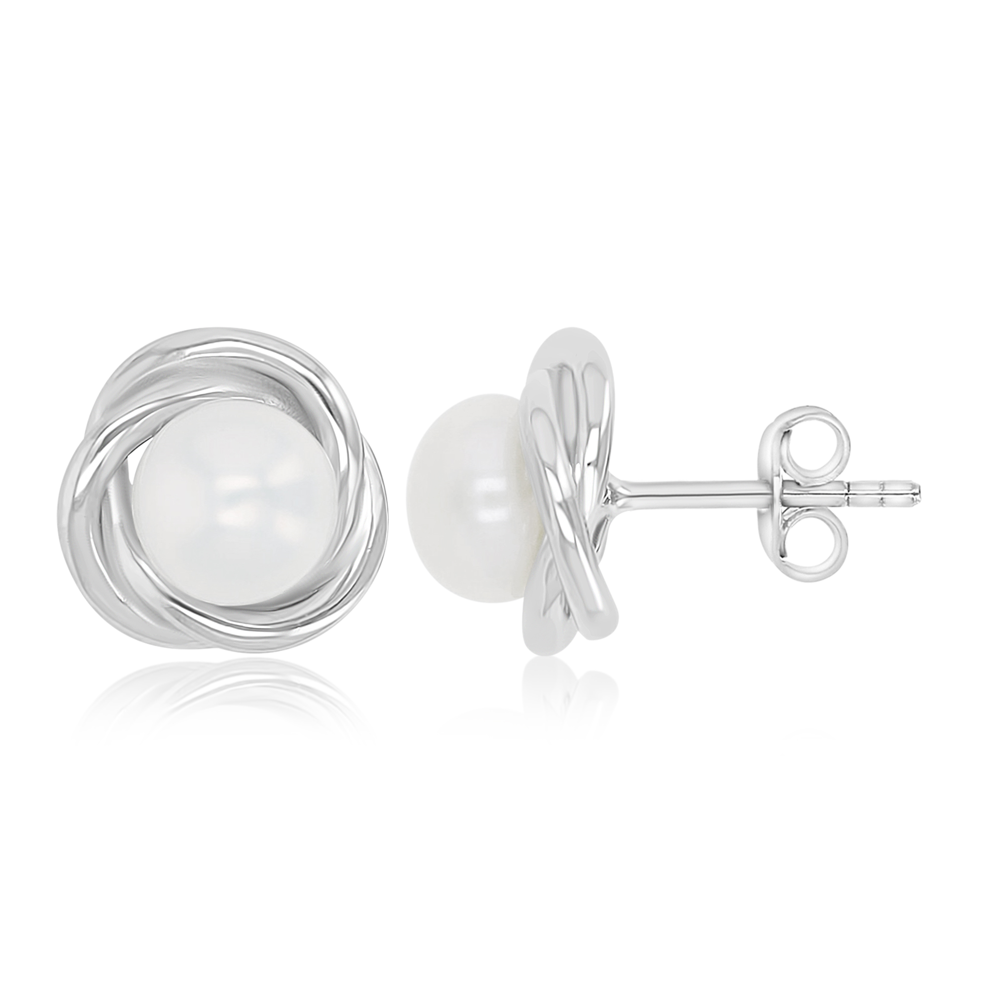 Sterling Silver Rhodium Freshwater Pearl & White CZ 11x11mm Knot Stud Earrings