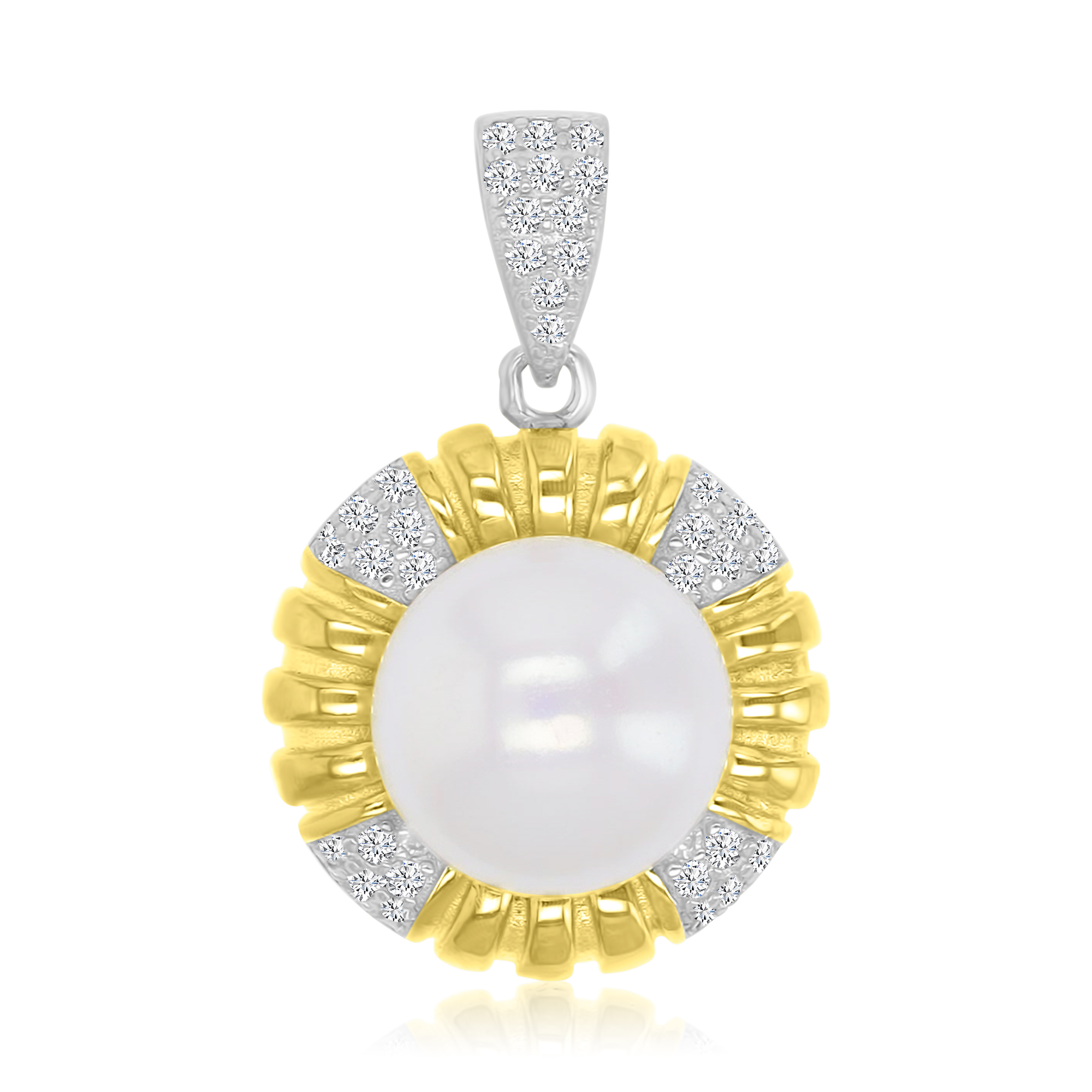 Sterling Silver Yellow & White Freshwater Pearl & White CZ 16x25mm Round Shaped Pendant