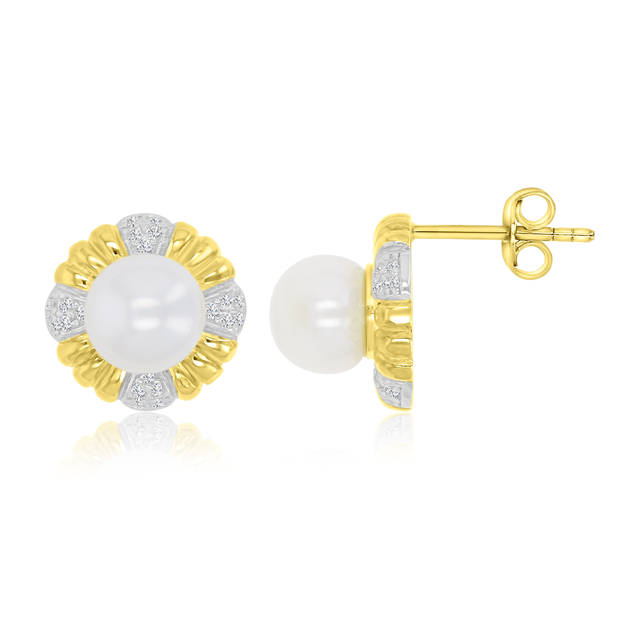 Sterling Silver Yellow & White Freshwater Pearl & White CZ 13x13mm Round Shaped Stud Earrings