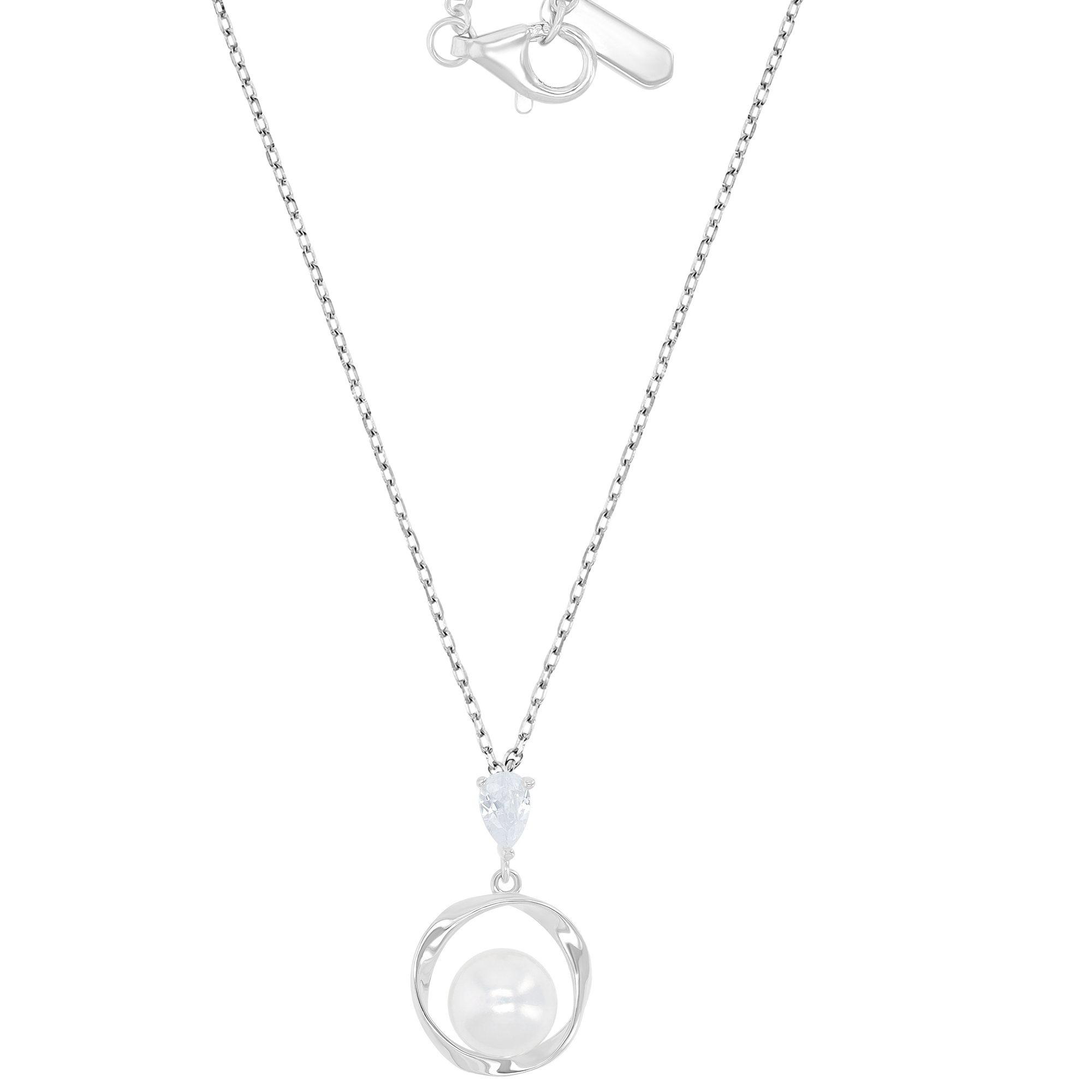 Sterling Silver Rhodium Freshwater Pearl & Pear Shape White CZ 15x23mm Abstract Circle Dangling Pendant