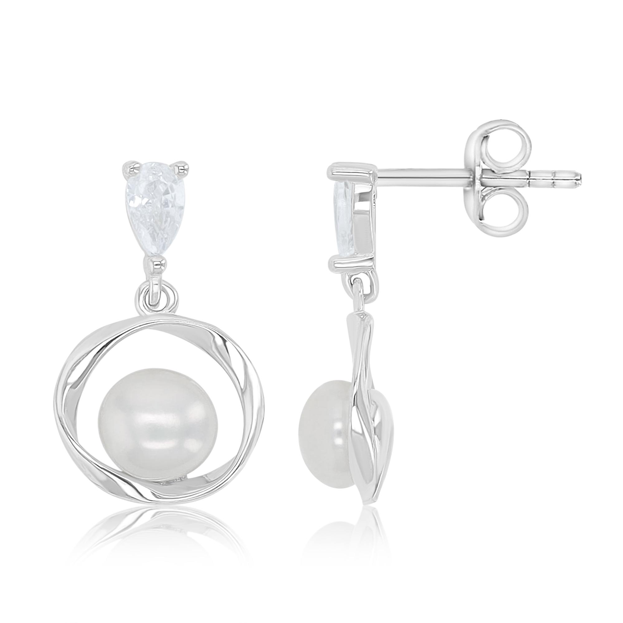 Sterling Silver Rhodium Freshwater Pearl & Pear Shape White CZ 11x18mm Abstract Circle Dangling Earrings
