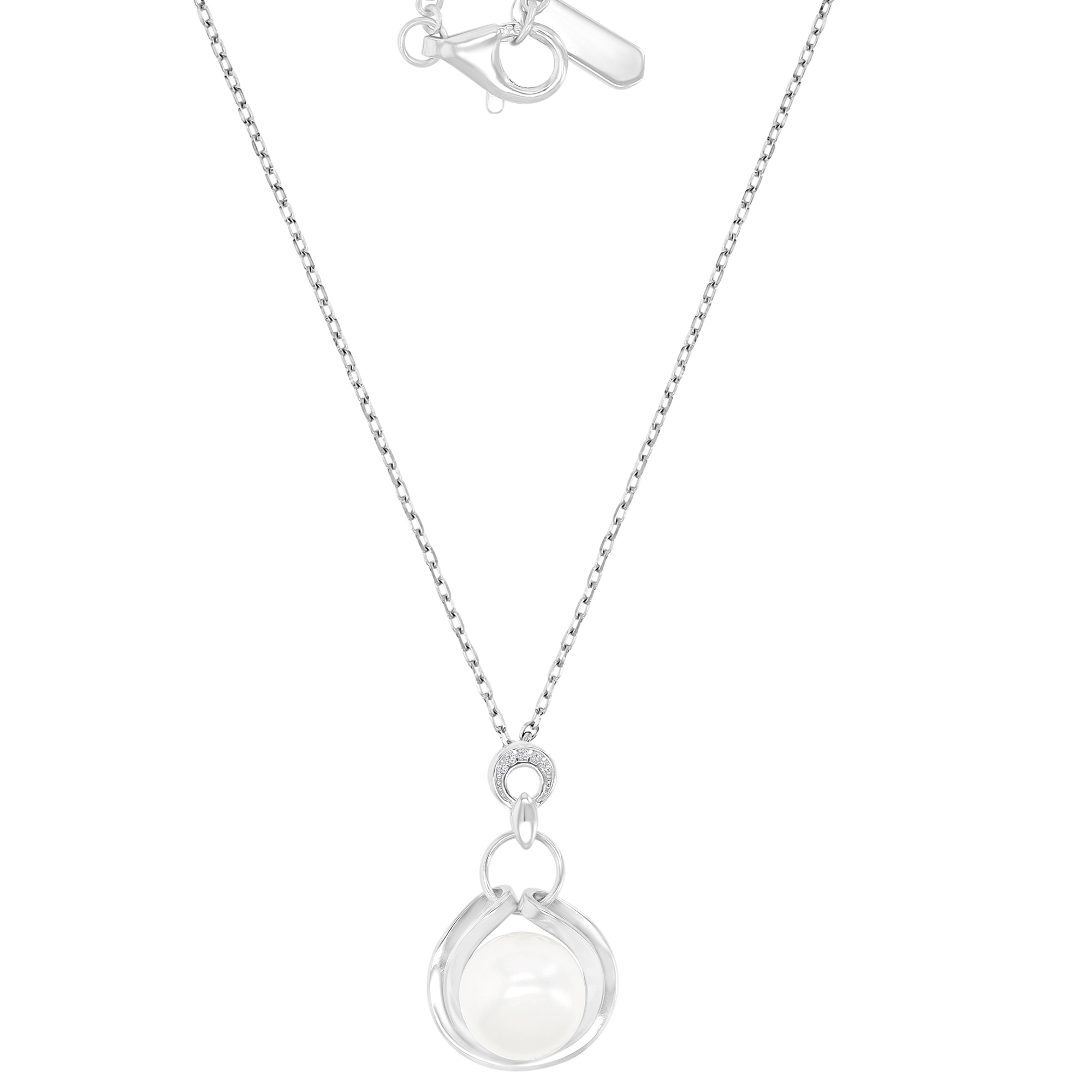 Sterling Silver Rhodium Freshwater Pearl & White CZ 16x28mm Double-Layer Circle Dangling Pendant