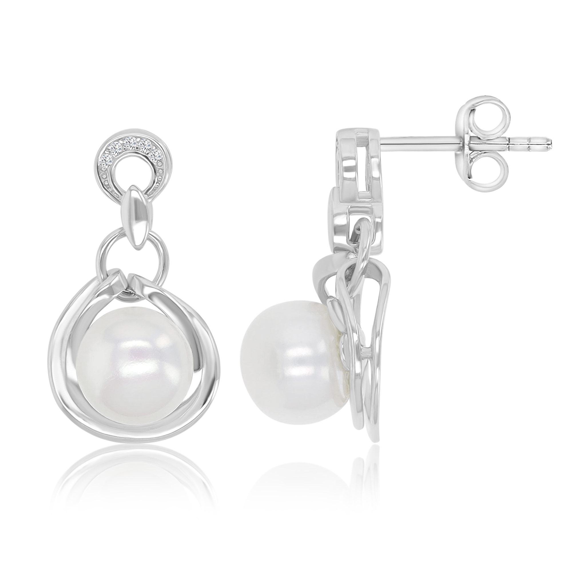 Sterling Silver Rhodium Freshwater Pearl & White CZ 13x23mm Double-Layer Circle Dangling Earrings
