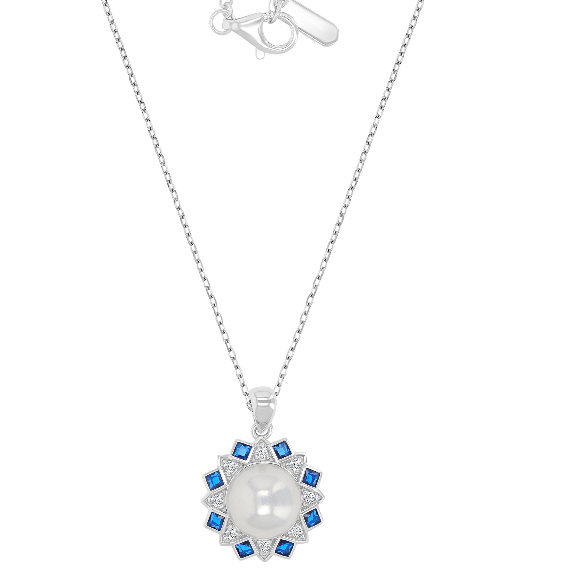 Sterling Silver Rhodium Freshwater Pearl & White CZ & Blue Spinel 15x22mm Flower Dangling Pendant