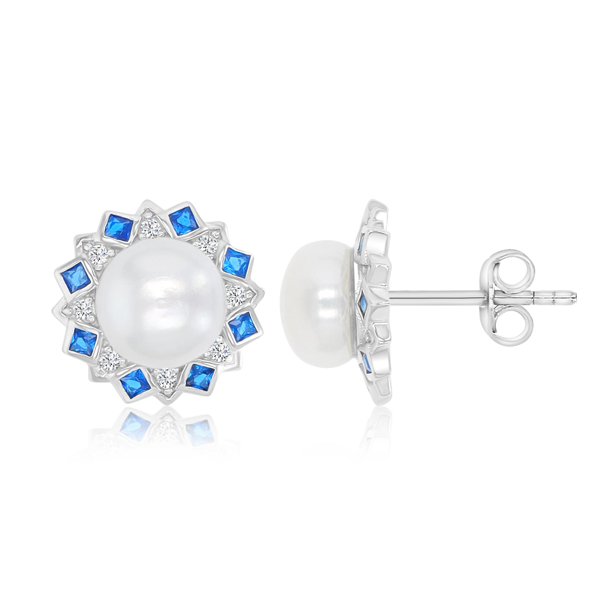 Sterling Silver Rhodium Freshwater Pearl & White CZ & Blue Spinel 12x13mm Flower Stud Earrings