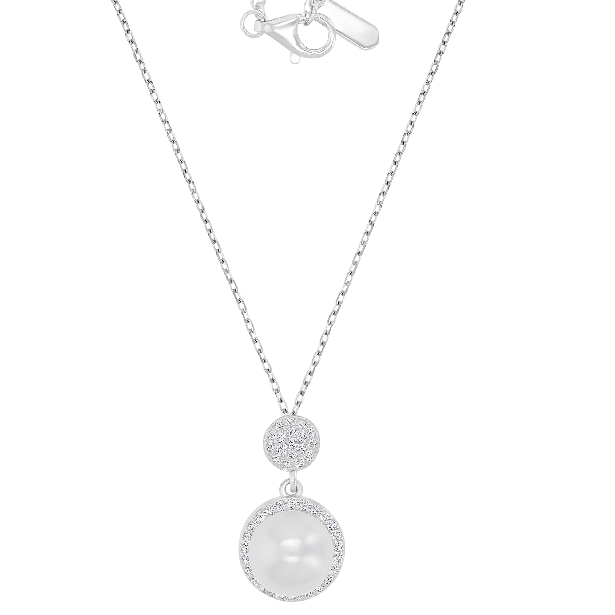 Sterling Silver Rhodium Freshwater Pearl & White CZ 10x18mm Round Shaped Dangling Pendant