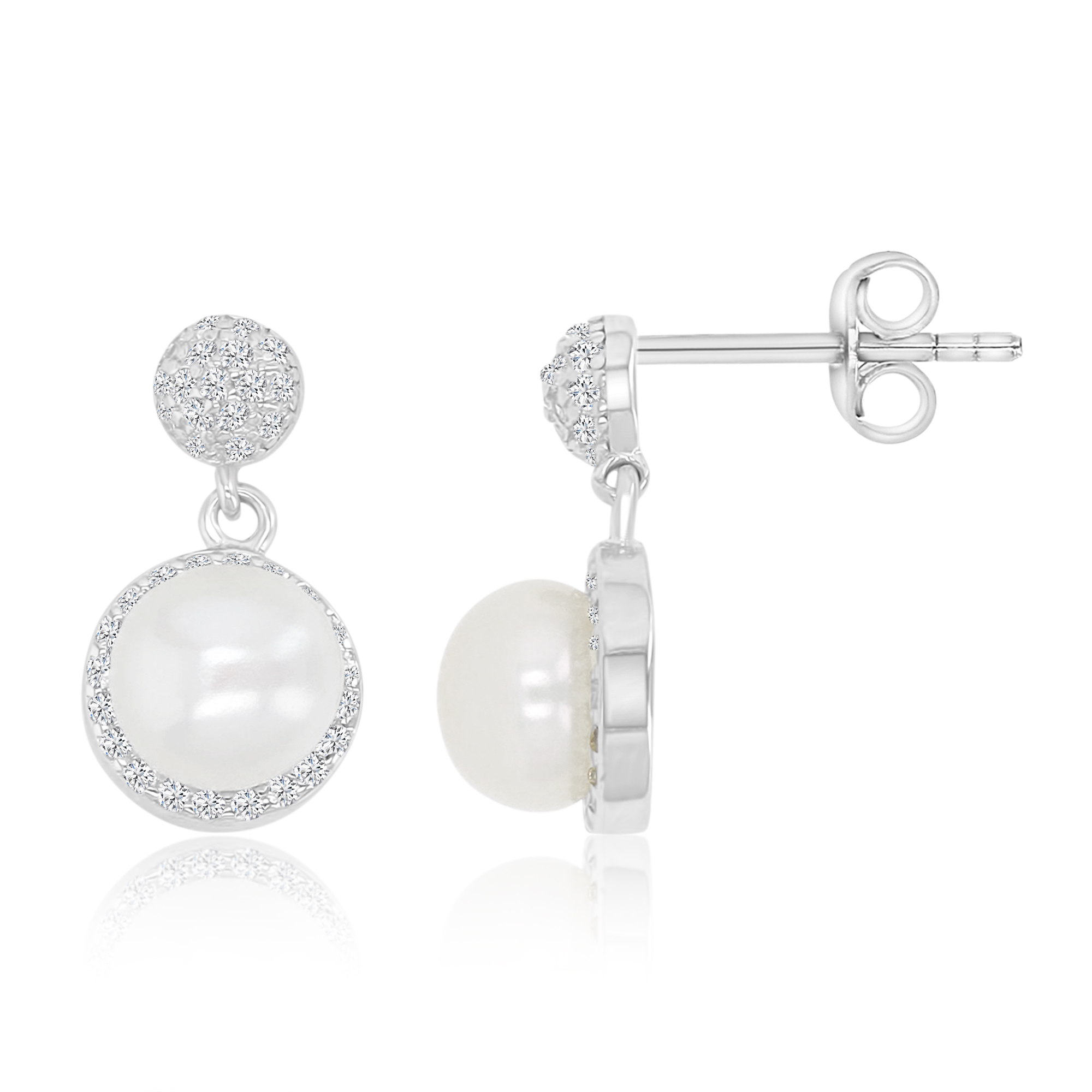 Sterling Silver Rhodium Freshwater Pearl & White CZ 9x15mm Round Shaped Dangling Earrings