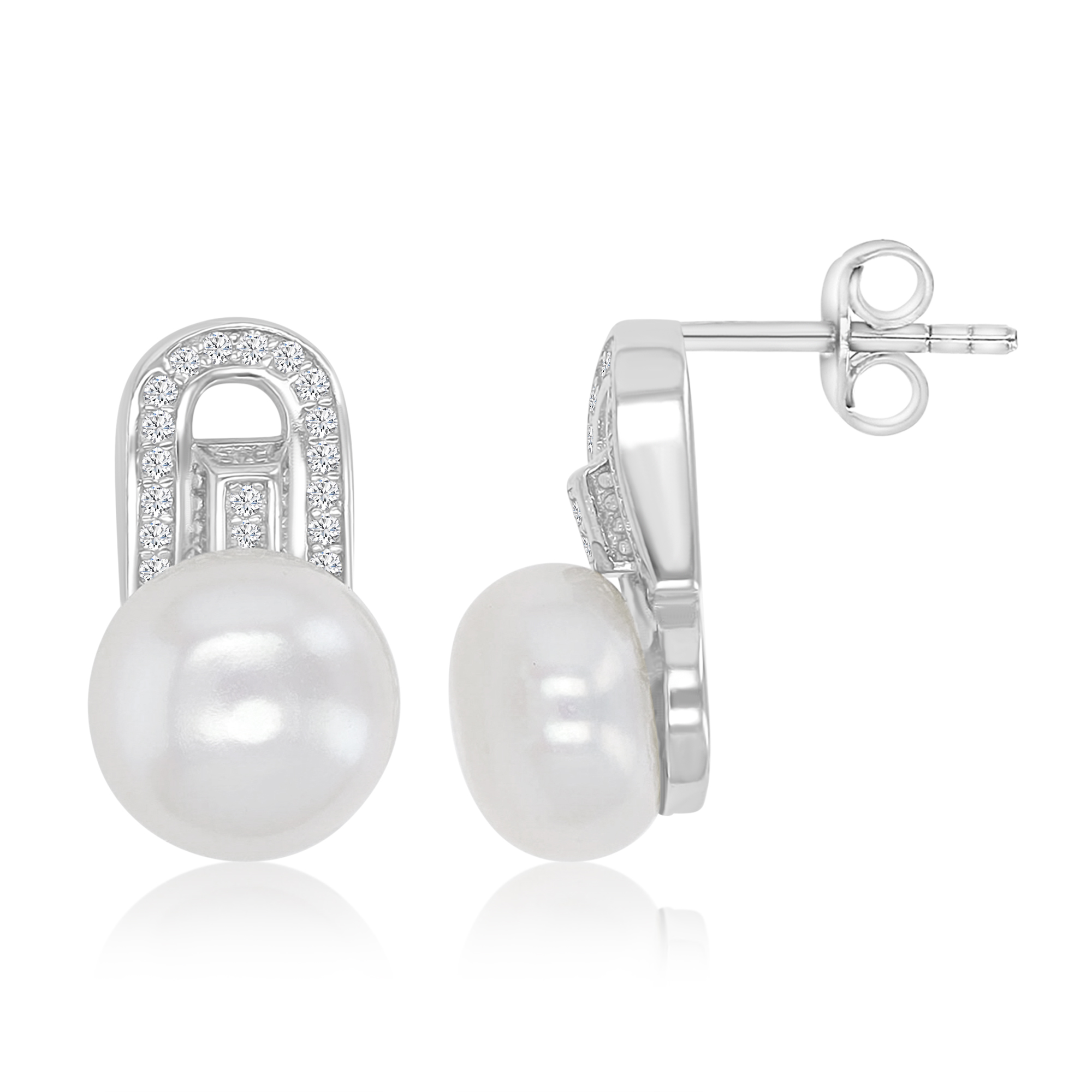 Sterling Silver Rhodium Freshwater Pearl & White CZ 10x17mm Abstract Stud Earrings