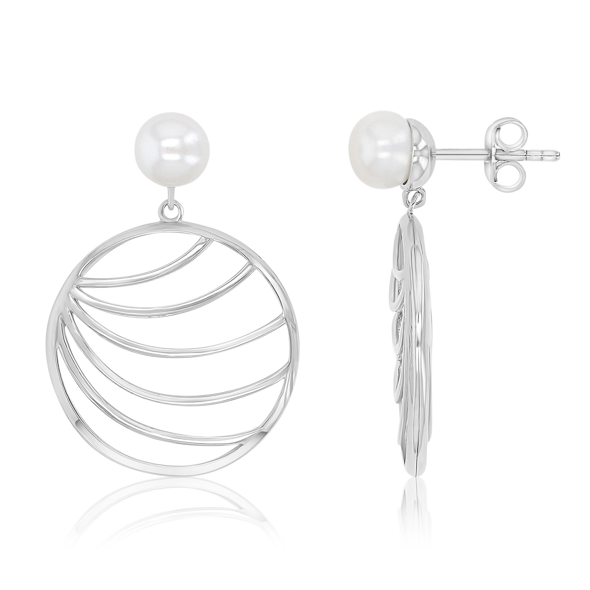 Sterling Silver Rhodium Freshwater Pearl 25x36mm Polished Round Shaped Dangling Earrings