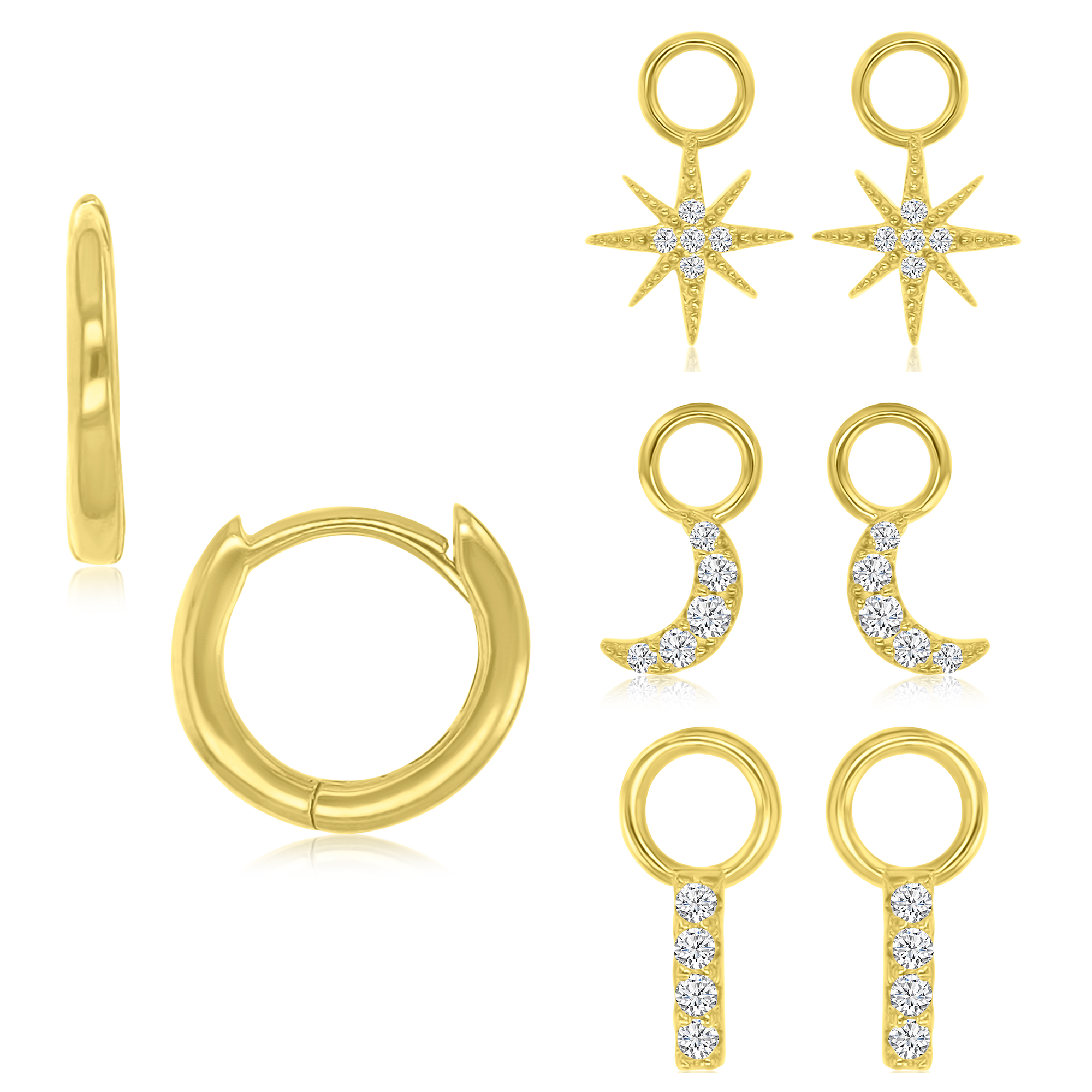 Sterling Silver Yellow 2x21mm White CZ Dangling Moon & Star & Meteor Huggie Earrings