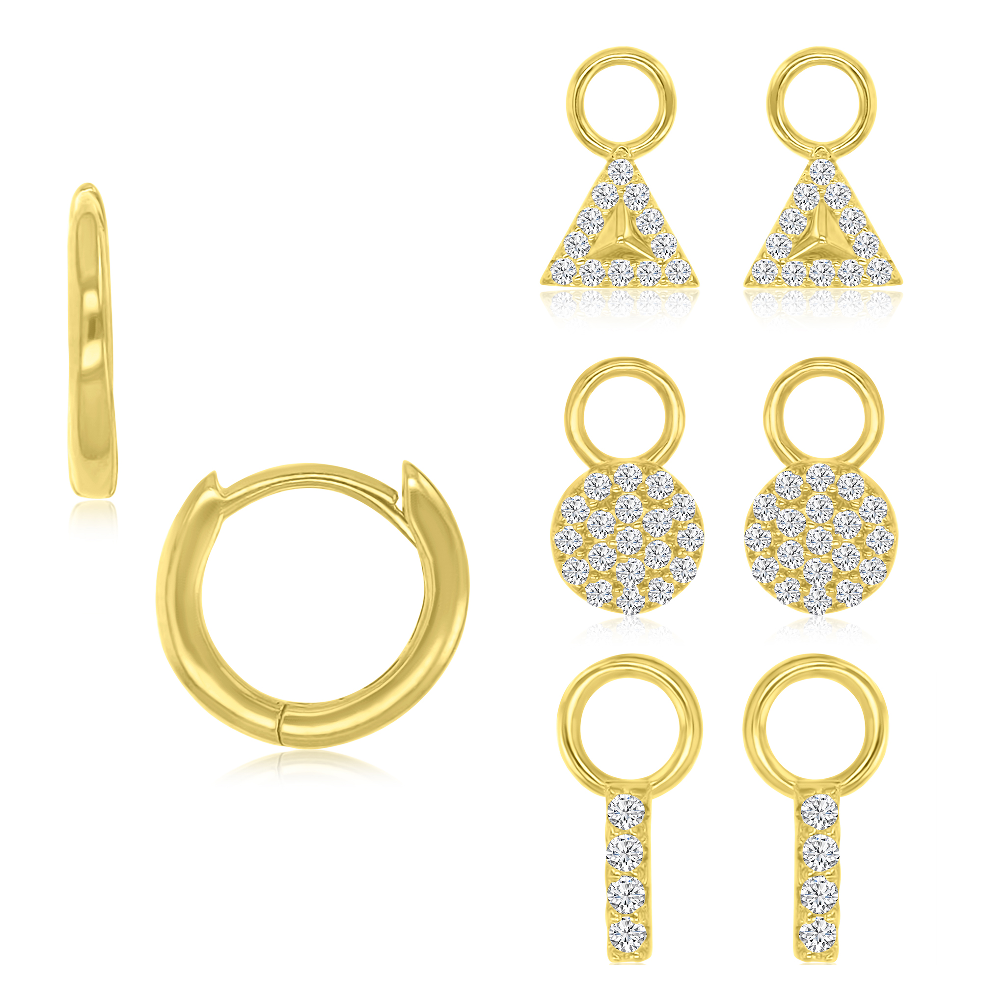 Sterling Silver Yellow 2x20mm White CZ Dangling Triangule & Round & Rectangle Huggie Earrings