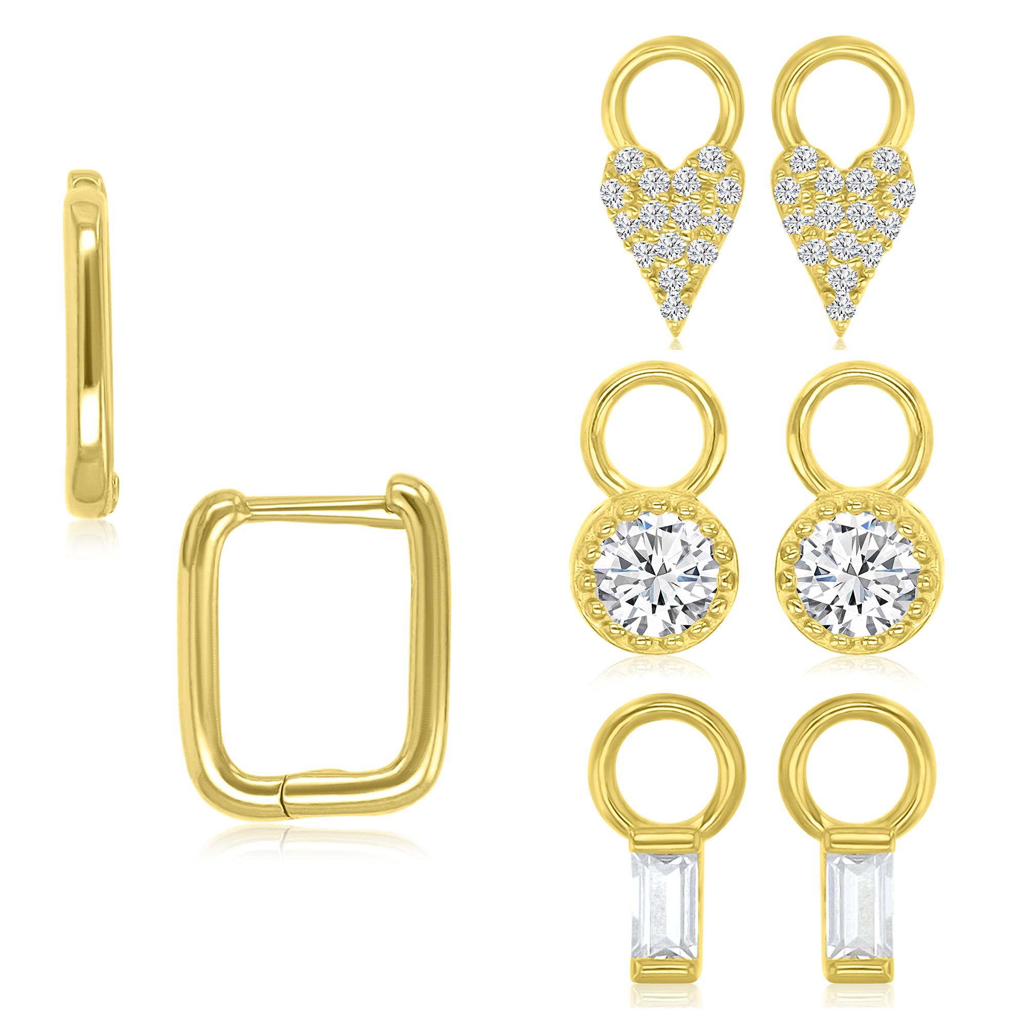 Sterling Silver Yellow 2x20mm White CZ Dangling Round & Baguette & Heart Square Shaped Huggie Earrings