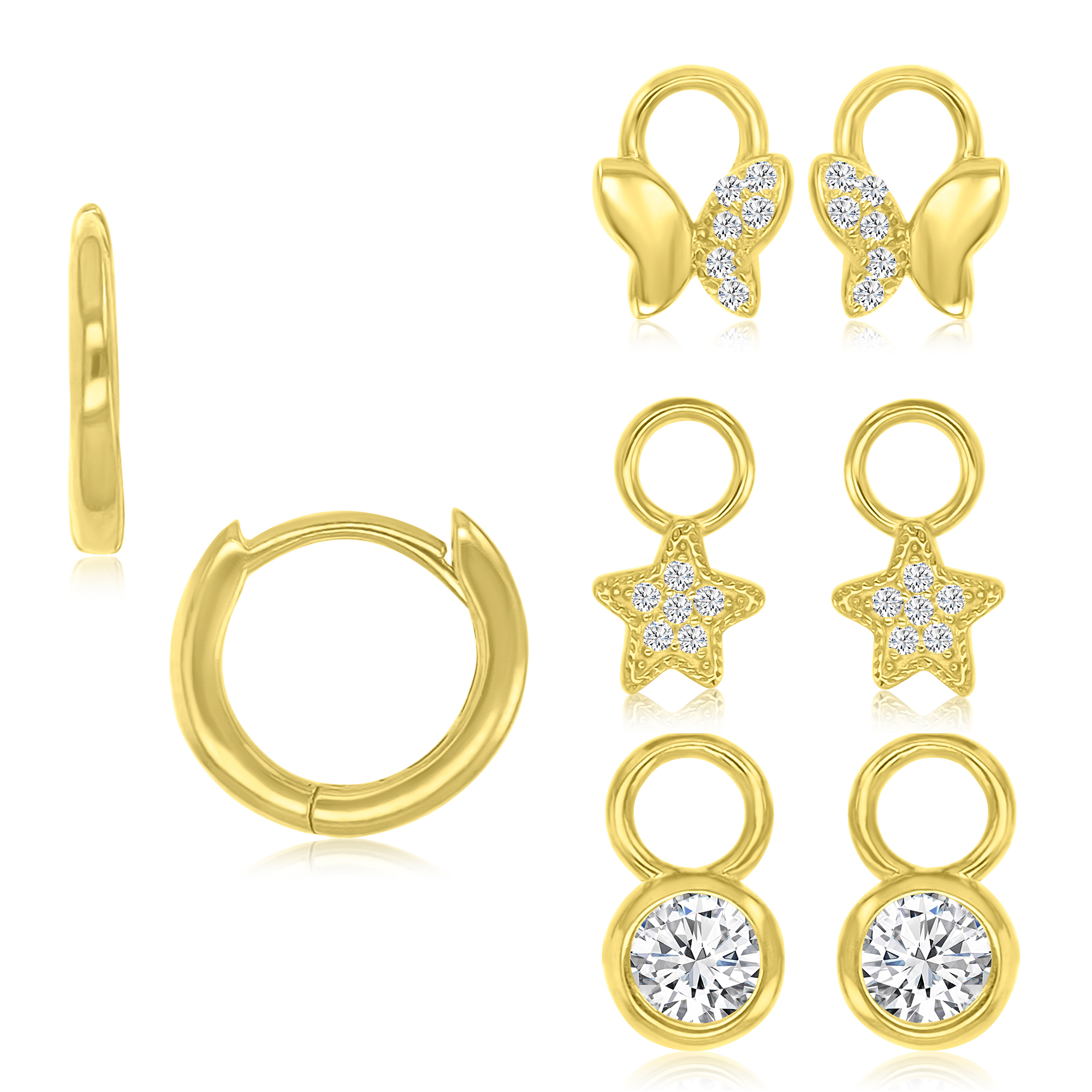 Sterling Silver Yellow 2x19mm White CZ Dangling Round CZ & Star & Butterfly Huggie Earrings