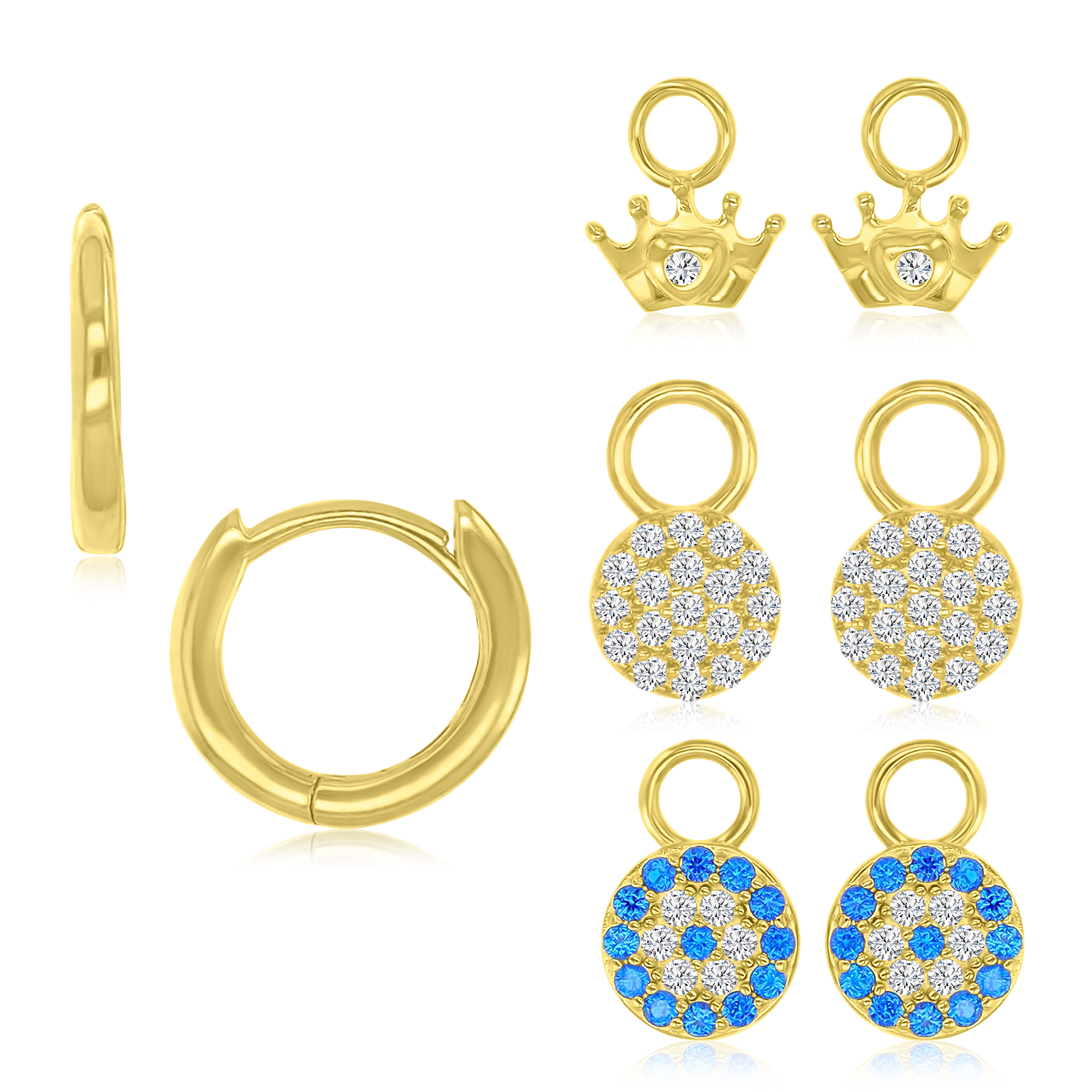 Sterling Silver Yellow 2x22mm Dangling White CZ Circle & Crown & Blue Spinel Circle Huggie Earrings