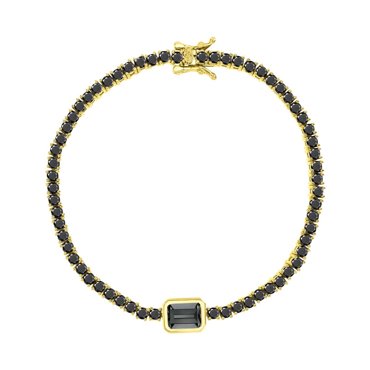 Brass Yellow 7MM Polished Black CZ & Emerald Cut Center Stone 7.25'' Tennis Bracelet