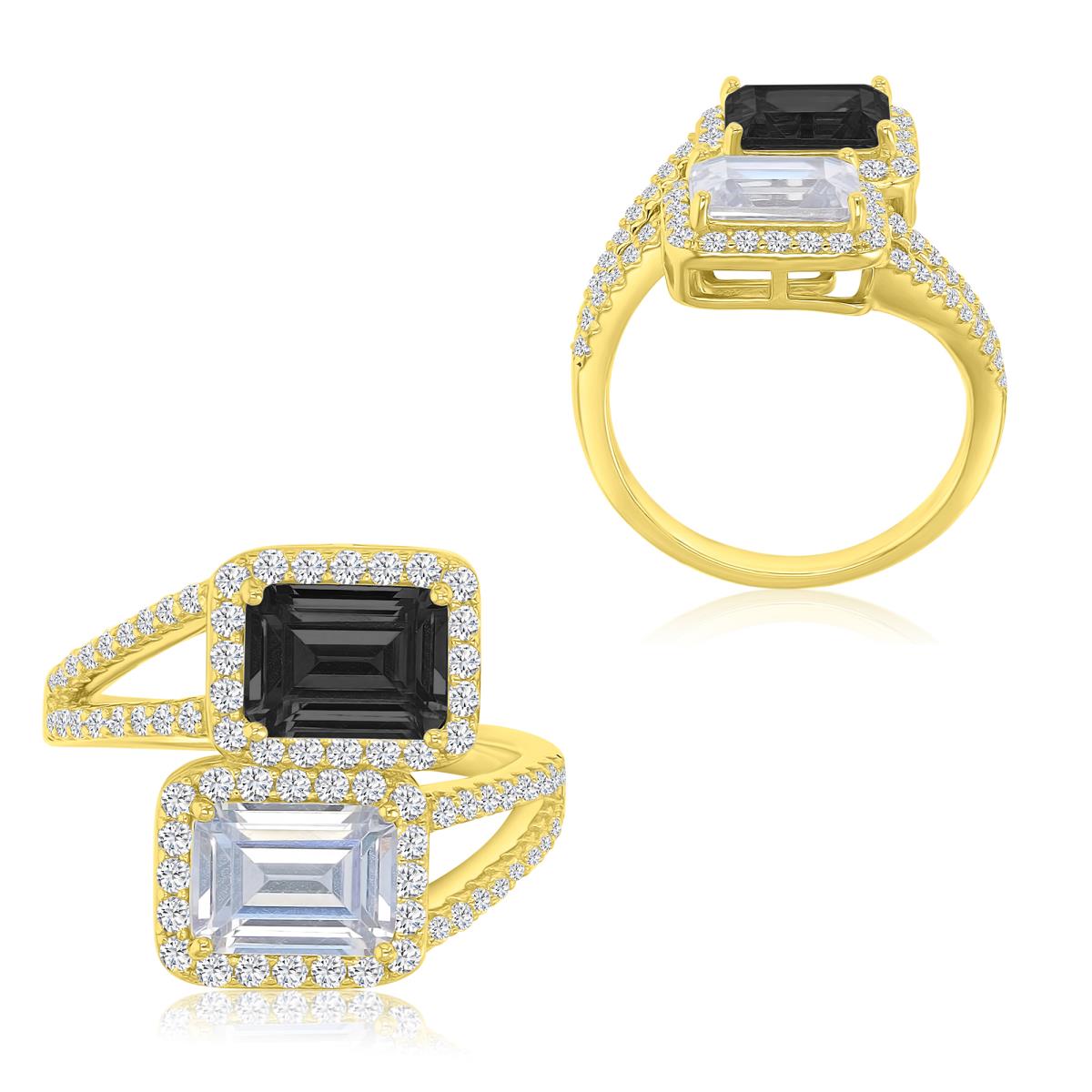 Brass Yellow 12.5x17.5mm Emerald Cut Black & White CZ Two Rows Ring