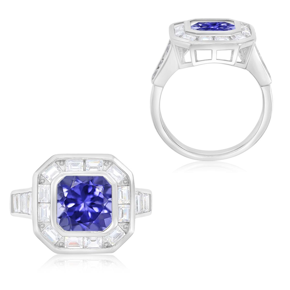Sterling Silver Rhodium Square Tanzanite & White CZ Framed Engagement Ring