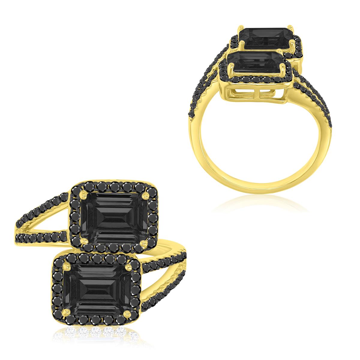 Brass Yellow & Black 12.5x17.5mm Emerald Cut Black CZ Two Rows Ring