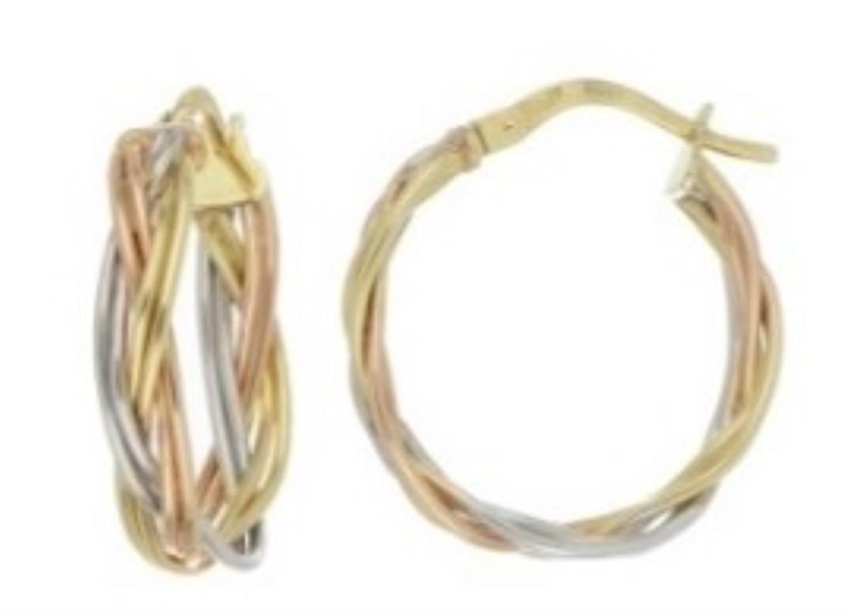 14K Tricolor Gold 4X15mm Twisted Hoop Earrings