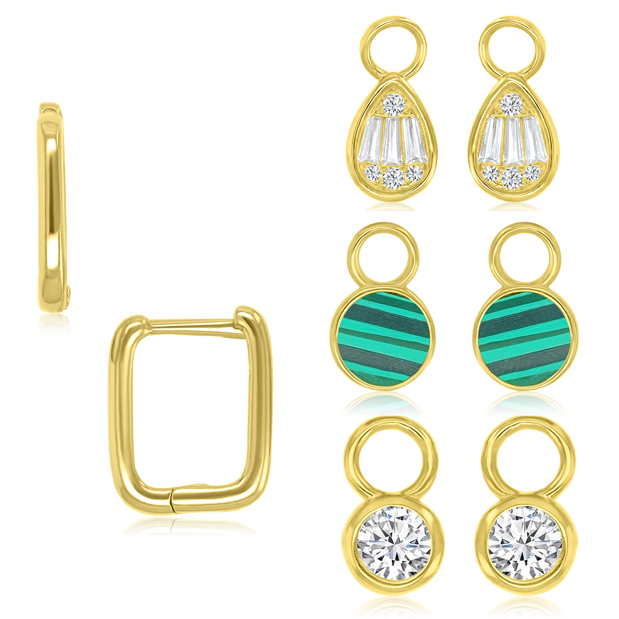 Sterling Silver Yellow 7x22mm White CZ Dangling Teardrop & Created Malachite Circle Square Shaped Huggie Earrings