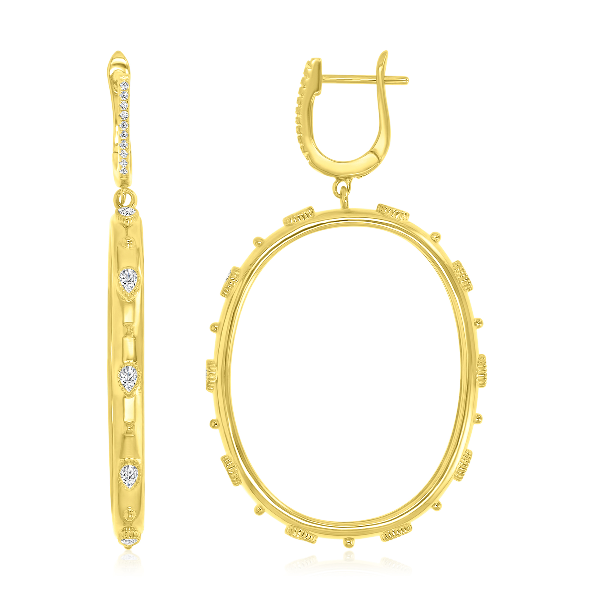 Sterling Silver Yellow 4x57mm White CZ & Polished Beads Hollow Elliptical Dangling Earrings