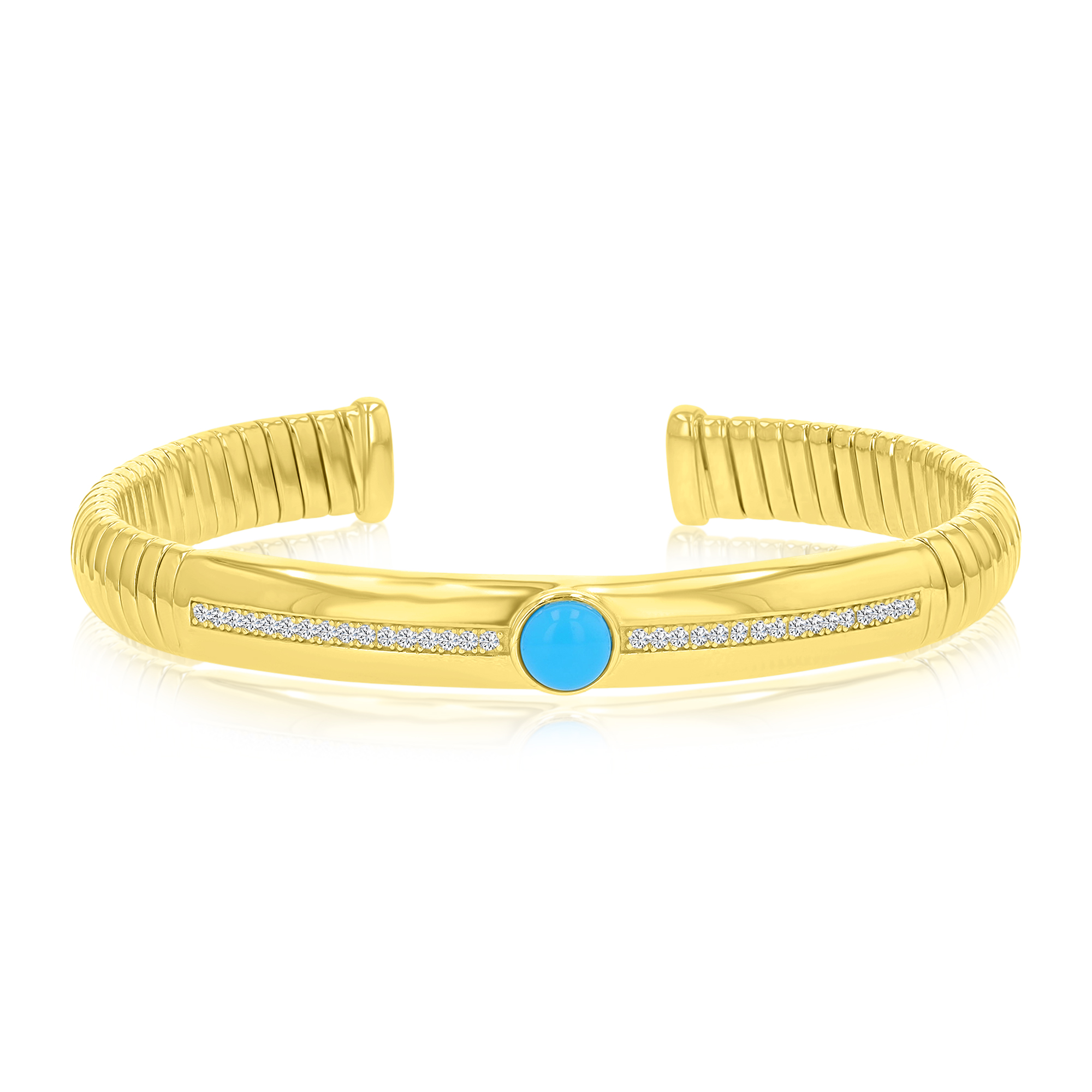 Sterling Silver Yellow 8x66mm White CZ & Created Turquoise Textured Bangle