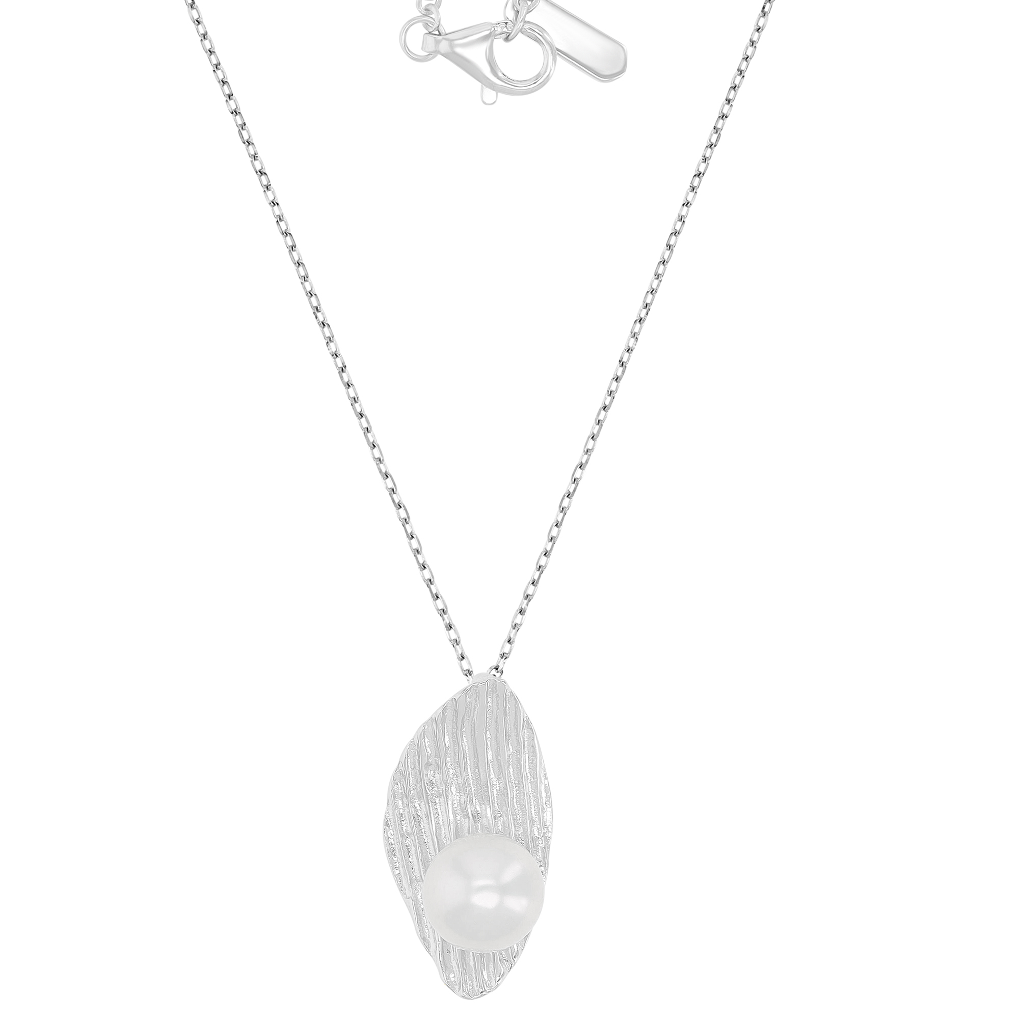 Sterling Silver Rhodium Freshwater Pearl 12x23mm Textured Leaf  Pendant