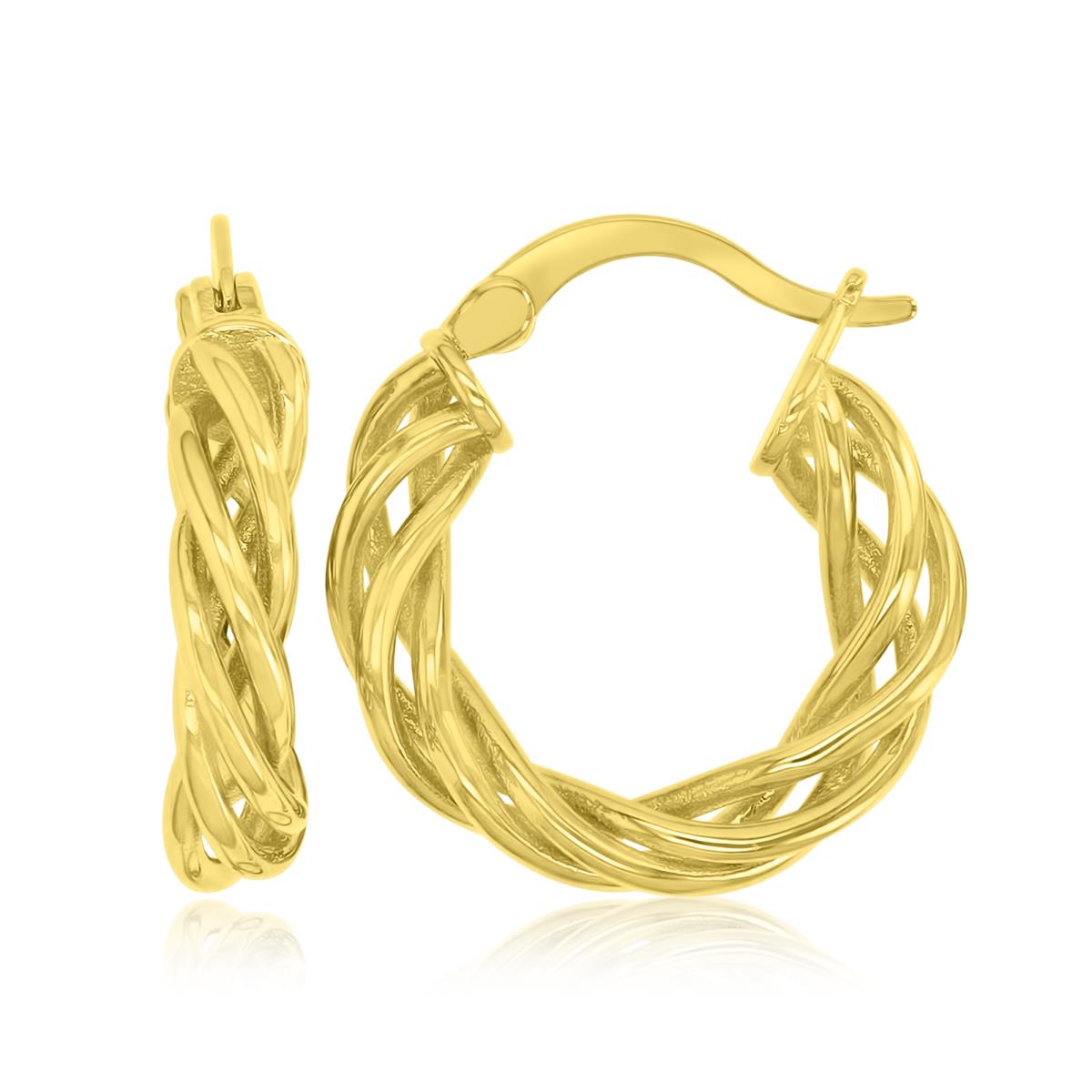 Brass Yellow 4x20mm Polished Tetra-Strand Intertwined Huggie Earrings