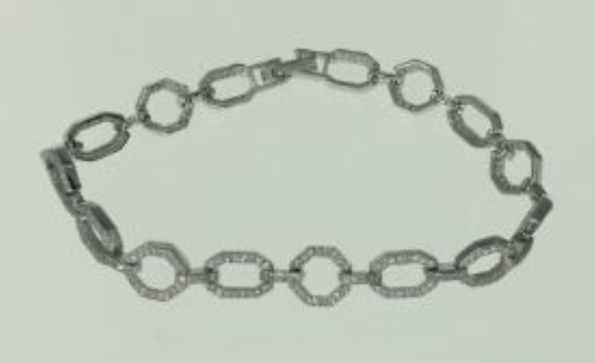 Sterling Silver Rhodium Pave Milgrain Octagon 7.5" Link Bracelet