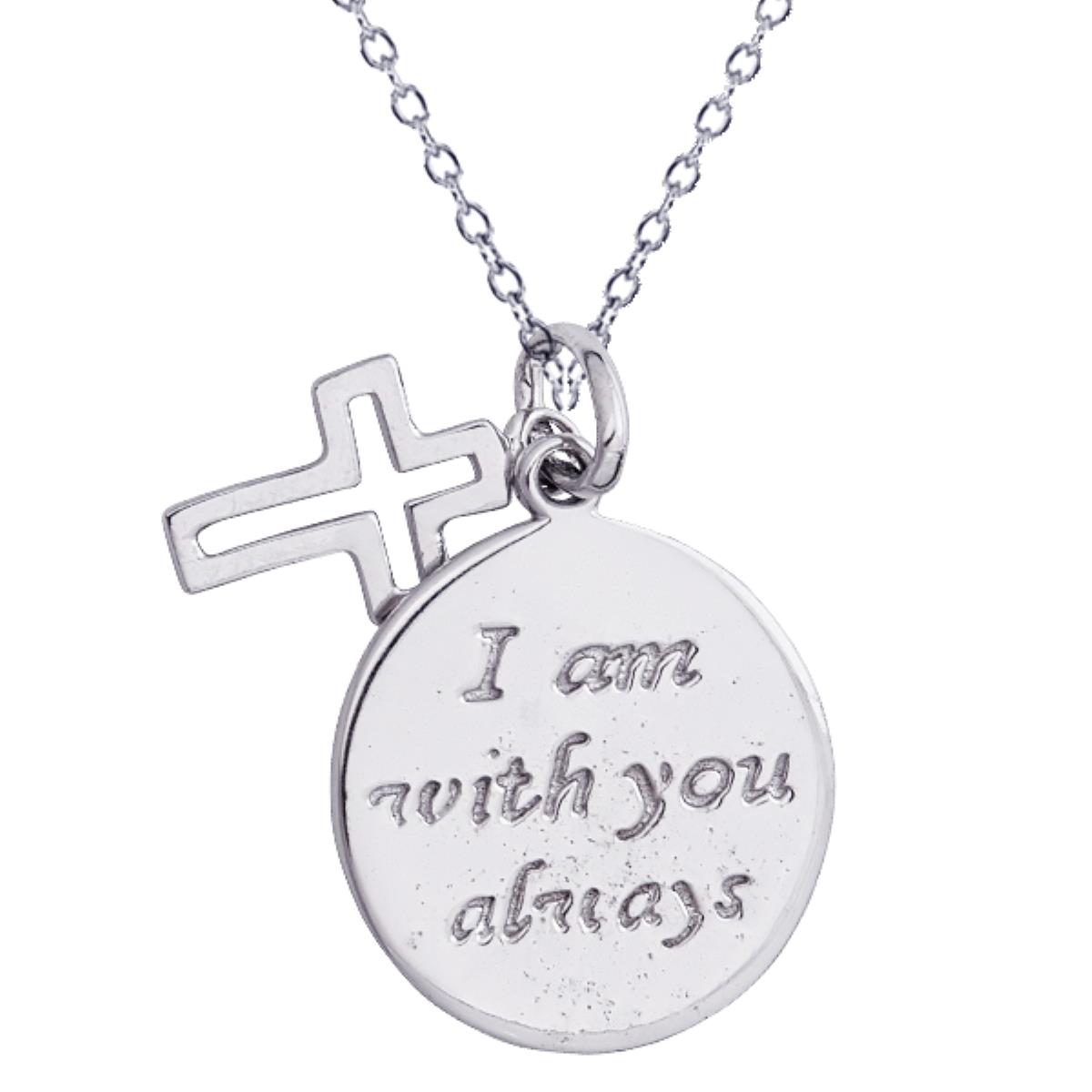Sterling Silver Rhodium "I Am With You Always" Cross Charm 18" Necklace