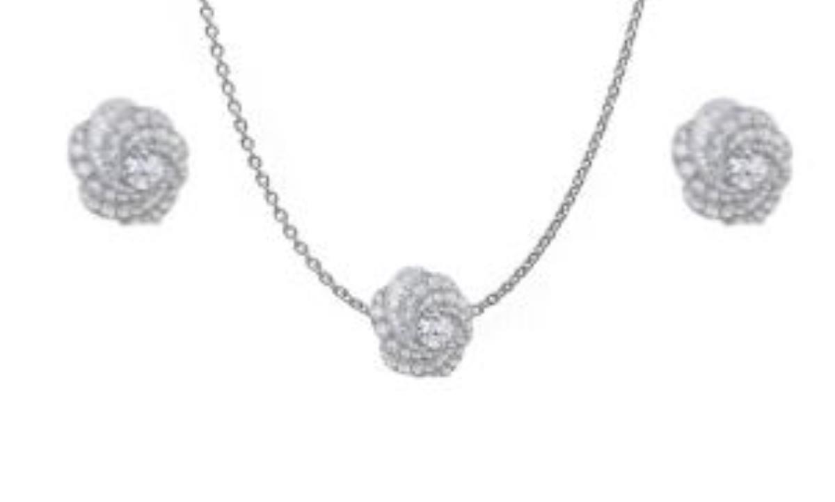 Sterling Silver Rhodium 10mm Baguette & Round Flower 18+2" Necklace and Earring Set